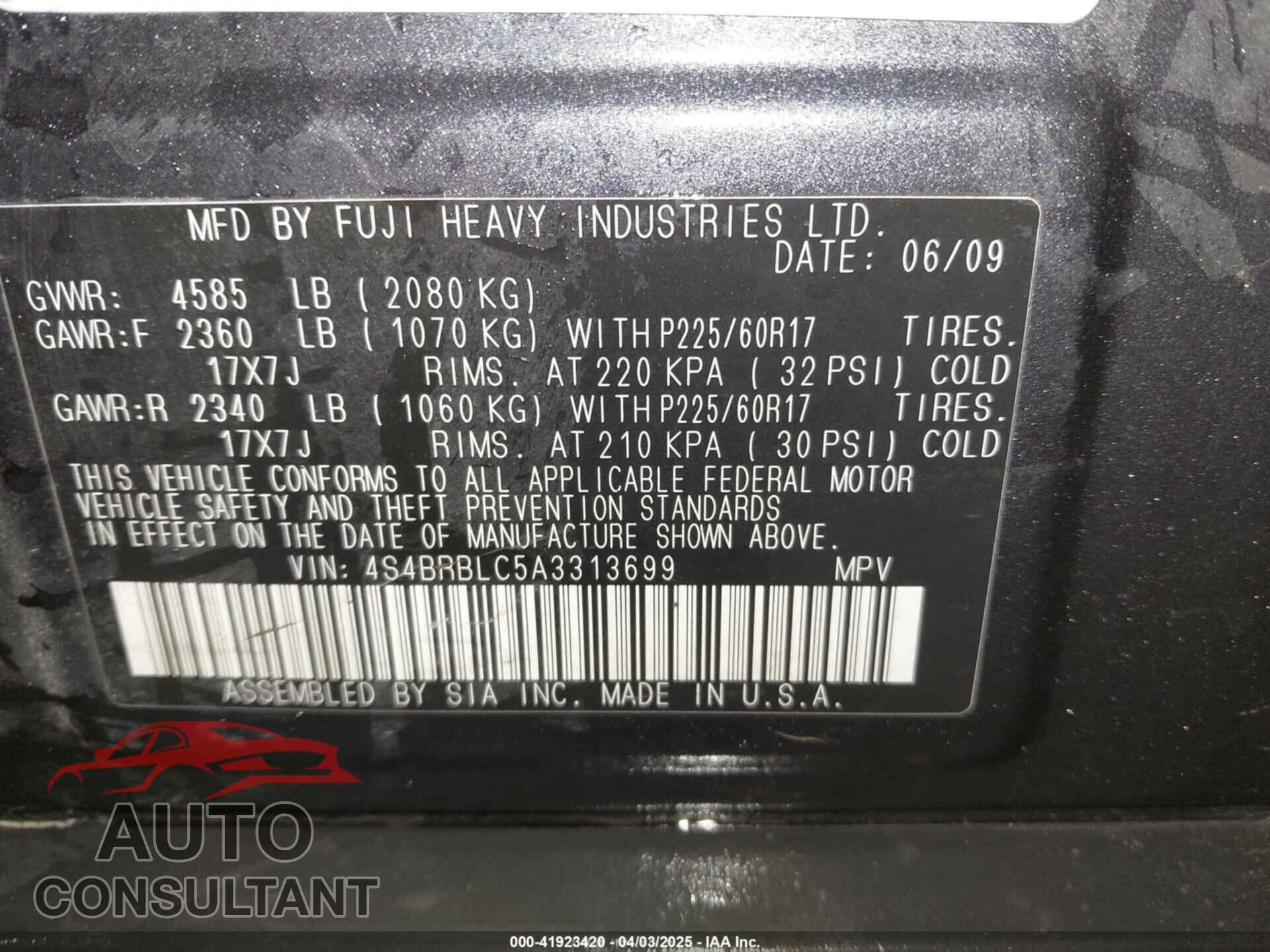 SUBARU OUTBACK 2010 - 4S4BRBLC5A3313699