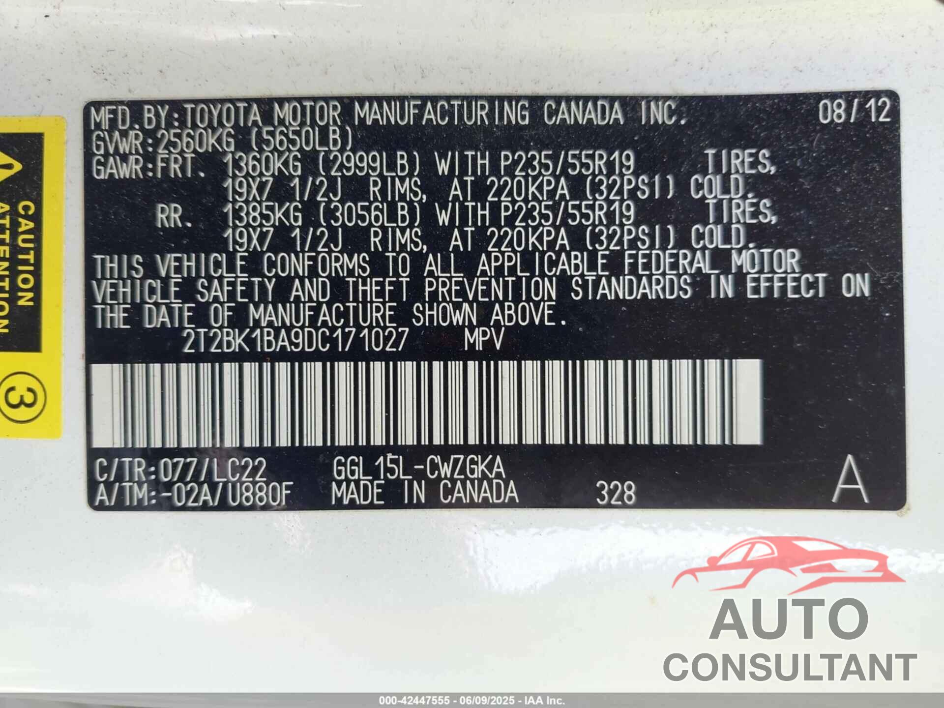 LEXUS RX 350 2013 - 2T2BK1BA9DC171027