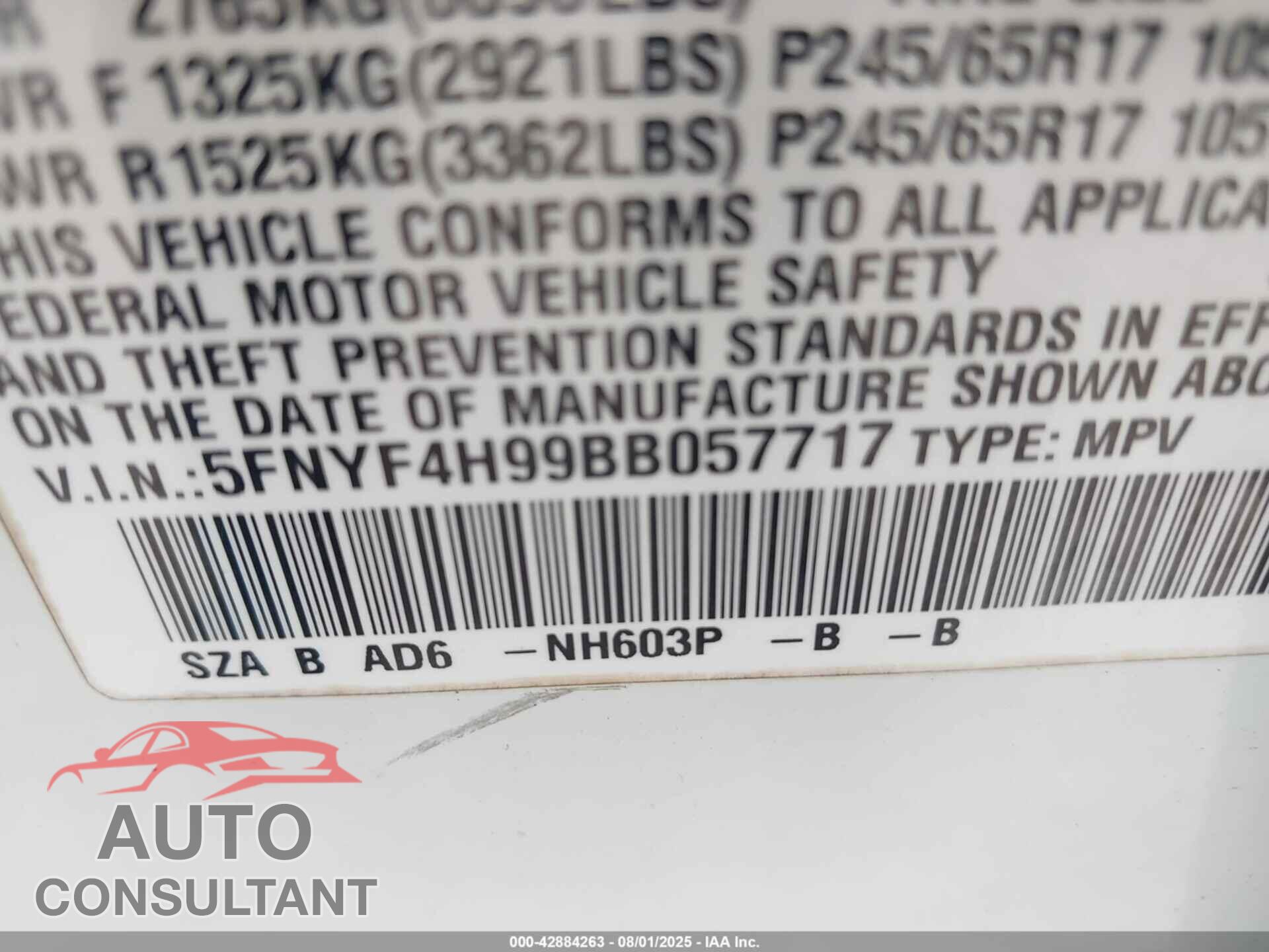 HONDA PILOT 2011 - 5FNYF4H99BB057717