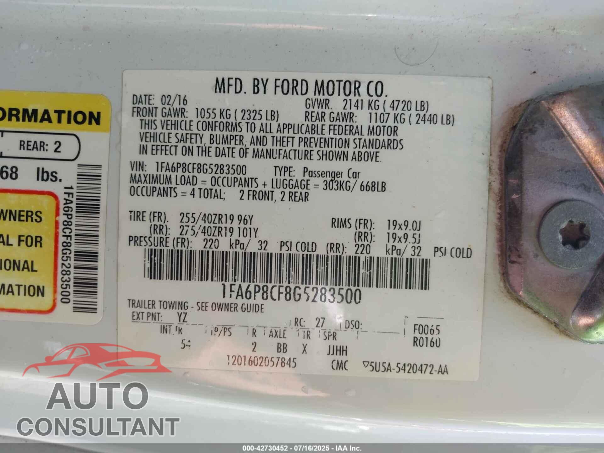 FORD MUSTANG 2016 - 1FA6P8CF8G5283500