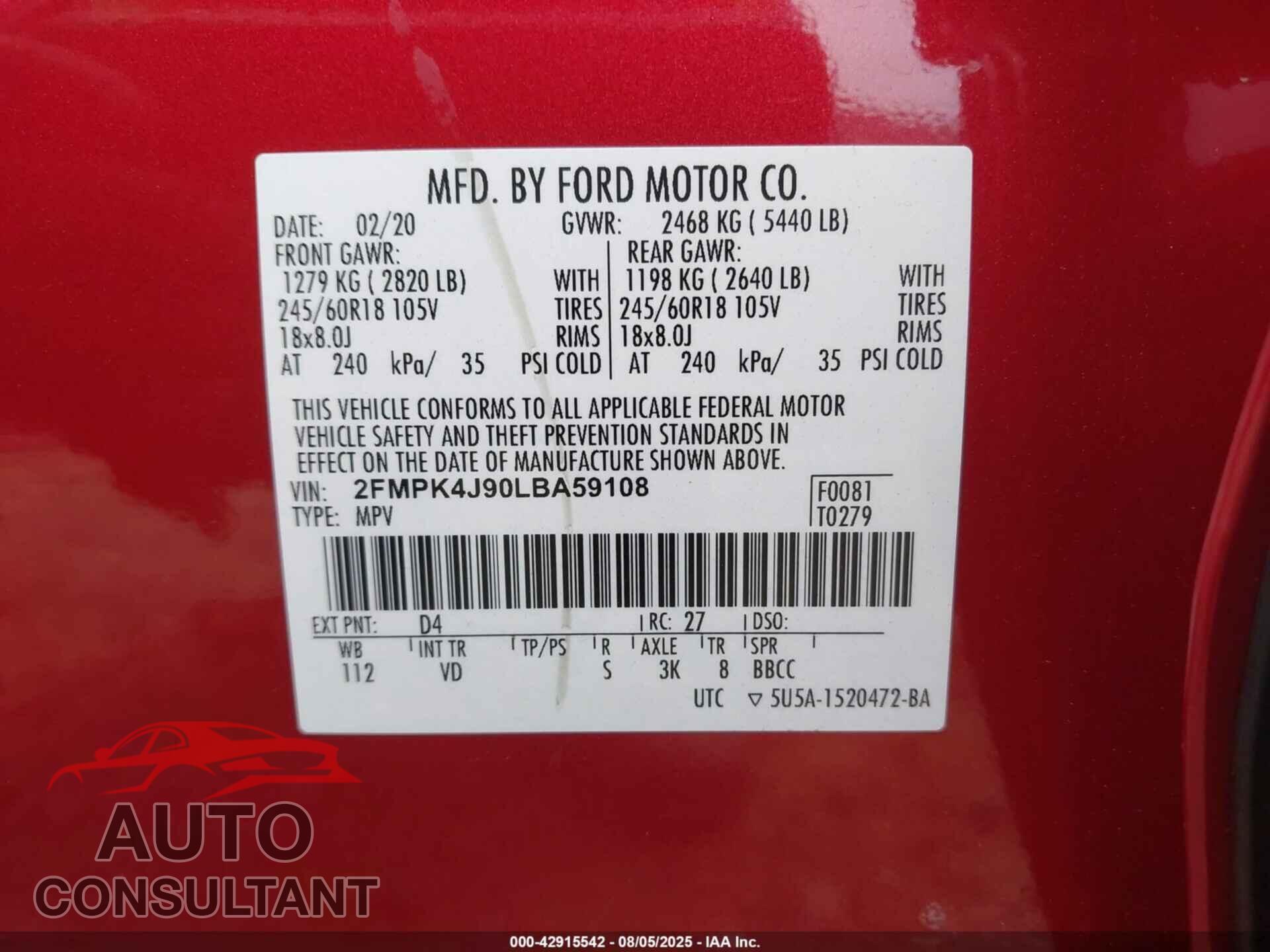 FORD EDGE 2020 - 2FMPK4J90LBA59108
