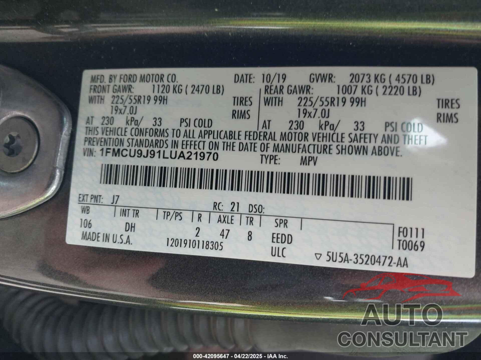 FORD ESCAPE 2020 - 1FMCU9J91LUA21970