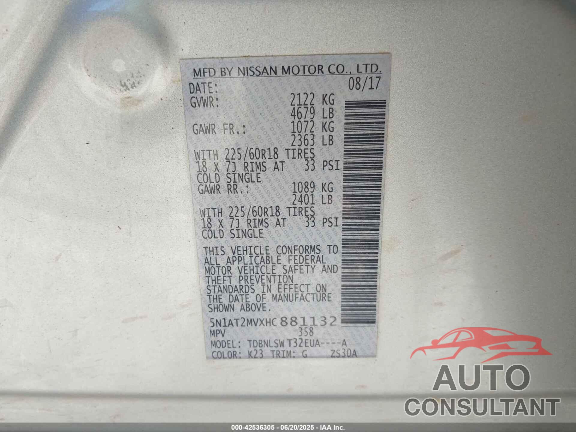 NISSAN ROGUE 2017 - 5N1AT2MVXHC881132
