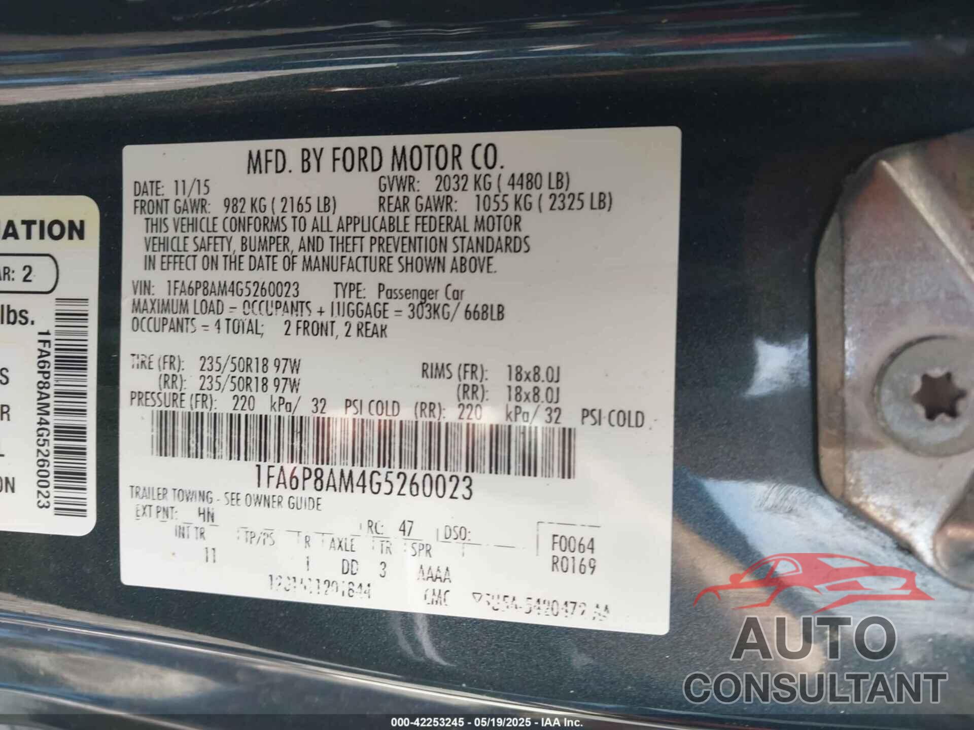 FORD MUSTANG 2016 - 1FA6P8AM4G5260023
