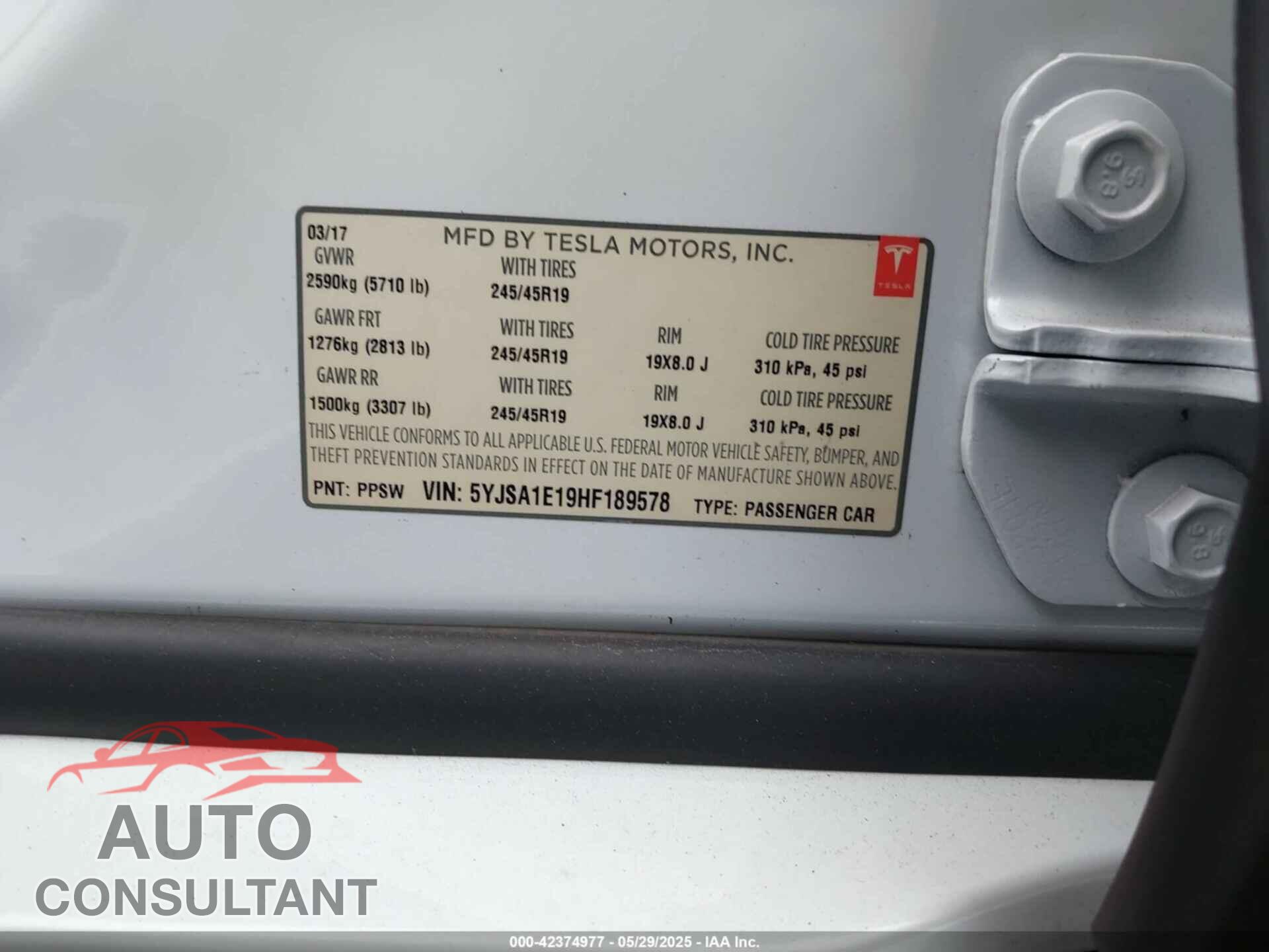 TESLA MODEL S 2017 - 5YJSA1E19HF189578