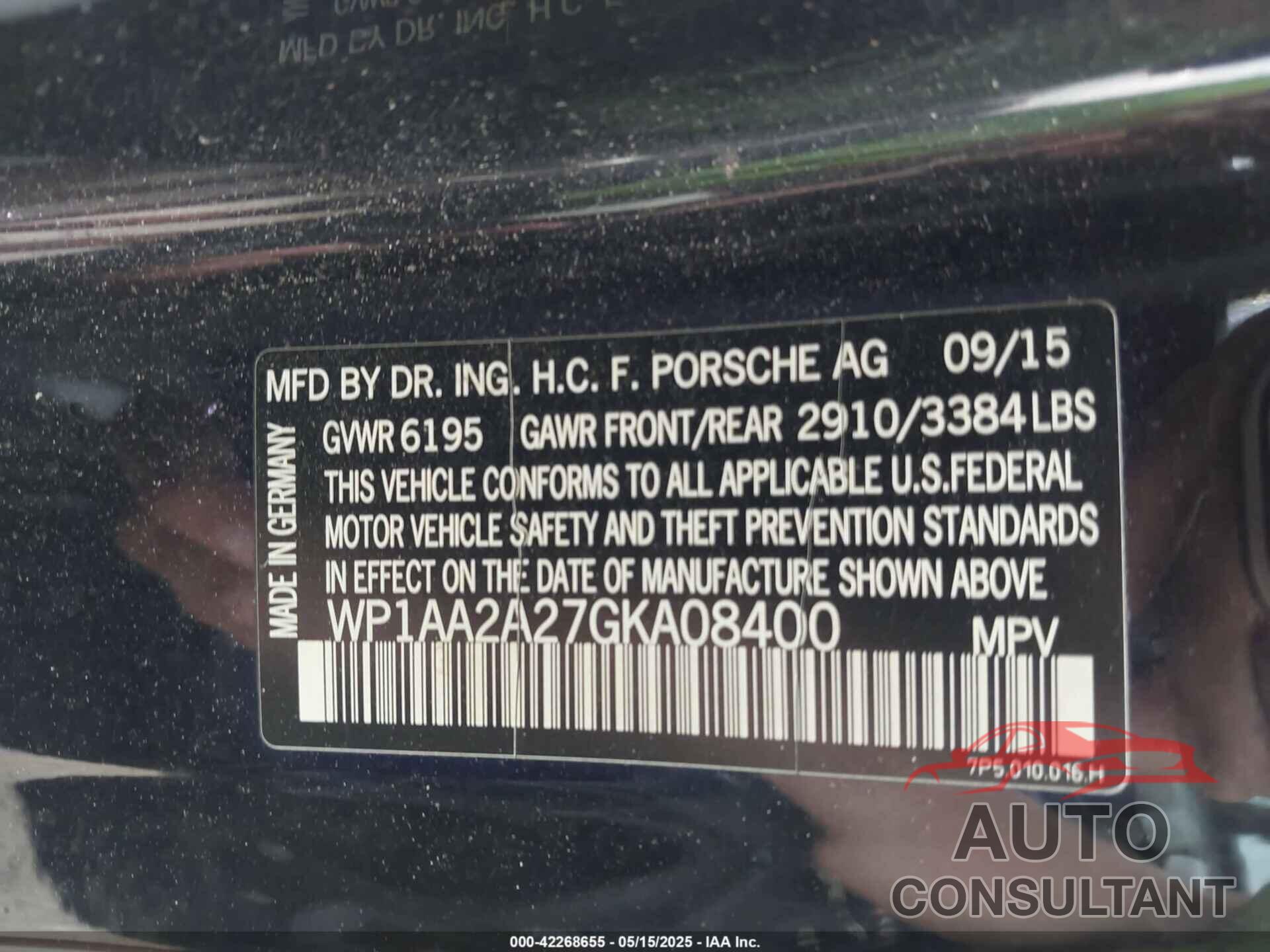 PORSCHE CAYENNE 2016 - WP1AA2A27GKA08400