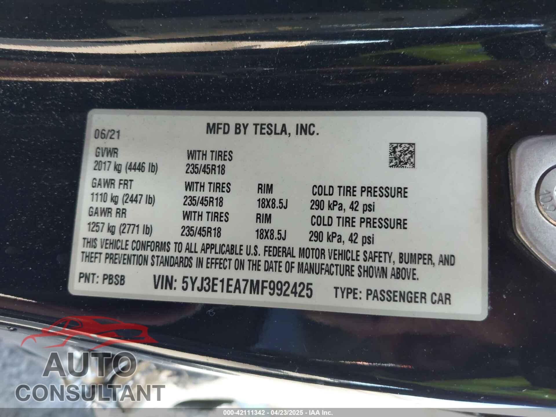 TESLA MODEL 3 2021 - 5YJ3E1EA7MF992425