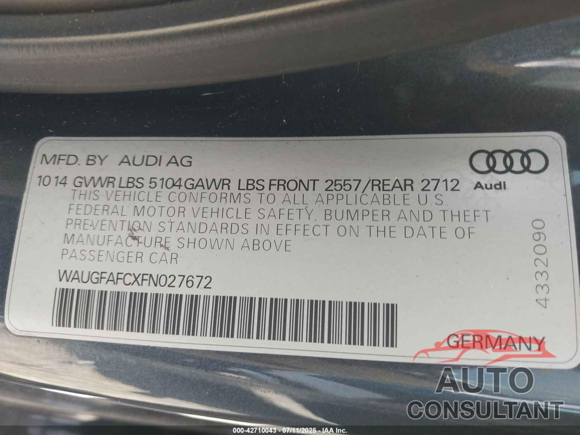 AUDI A6 2015 - WAUGFAFCXFN027672