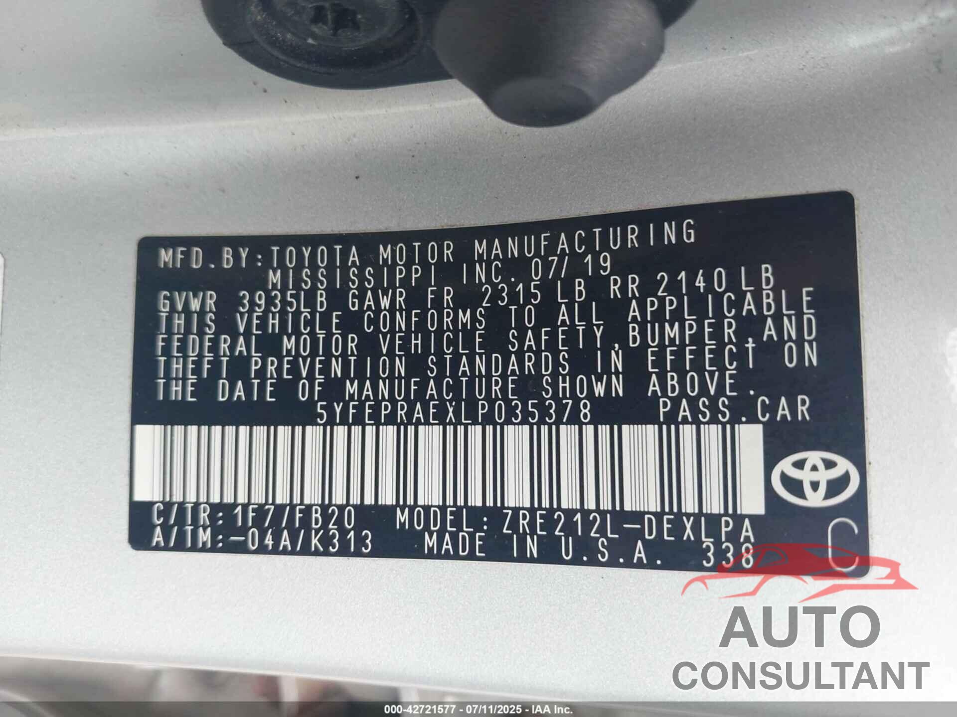 TOYOTA COROLLA 2020 - 5YFEPRAEXLP035378