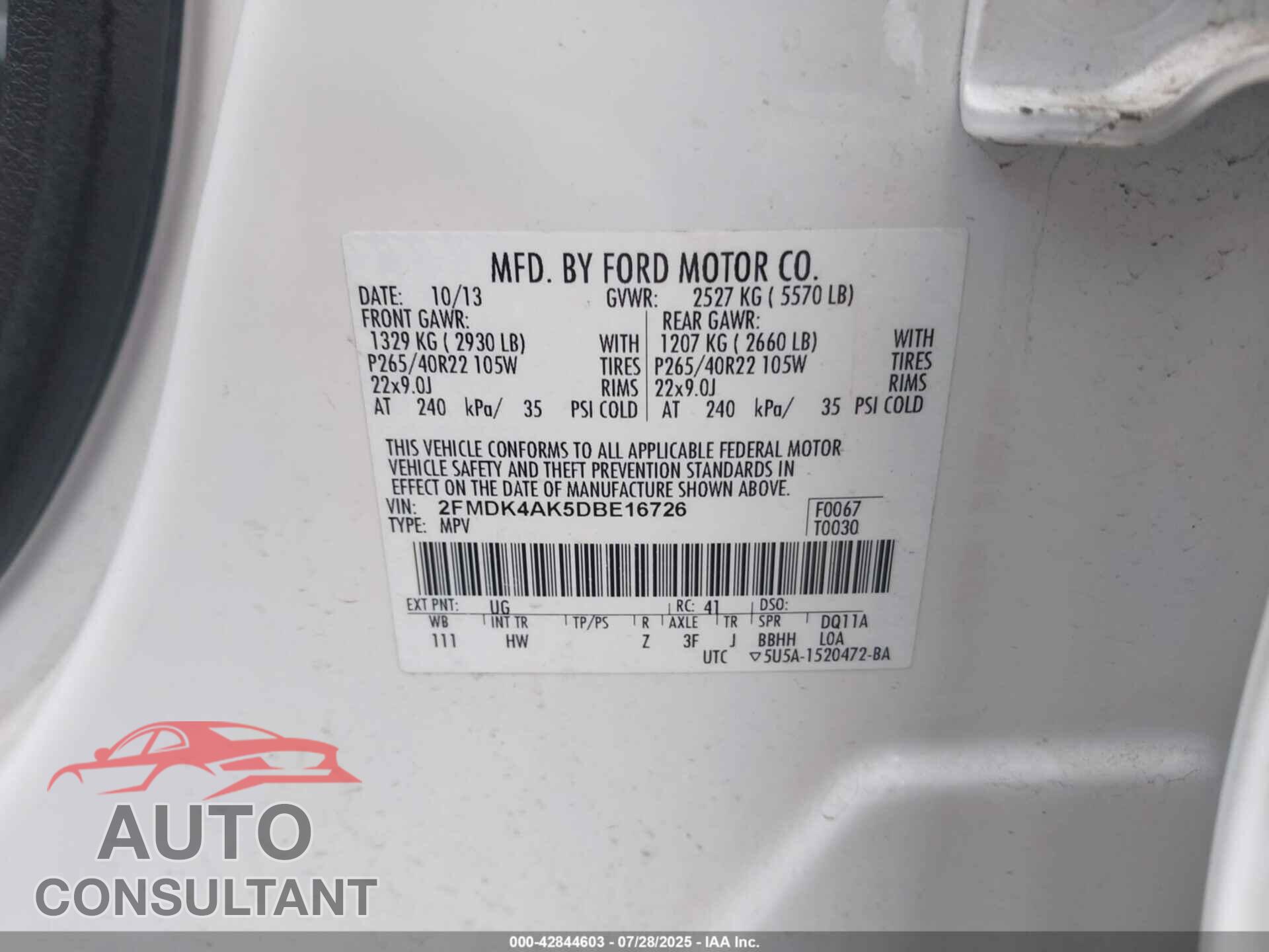 FORD EDGE 2013 - 2FMDK4AK5DBE16726