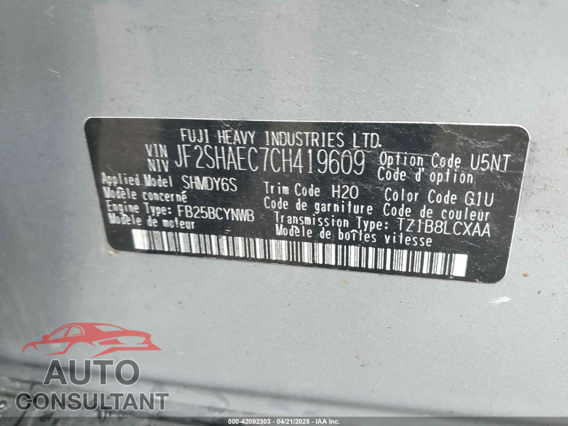 SUBARU FORESTER 2012 - JF2SHAEC7CH419609