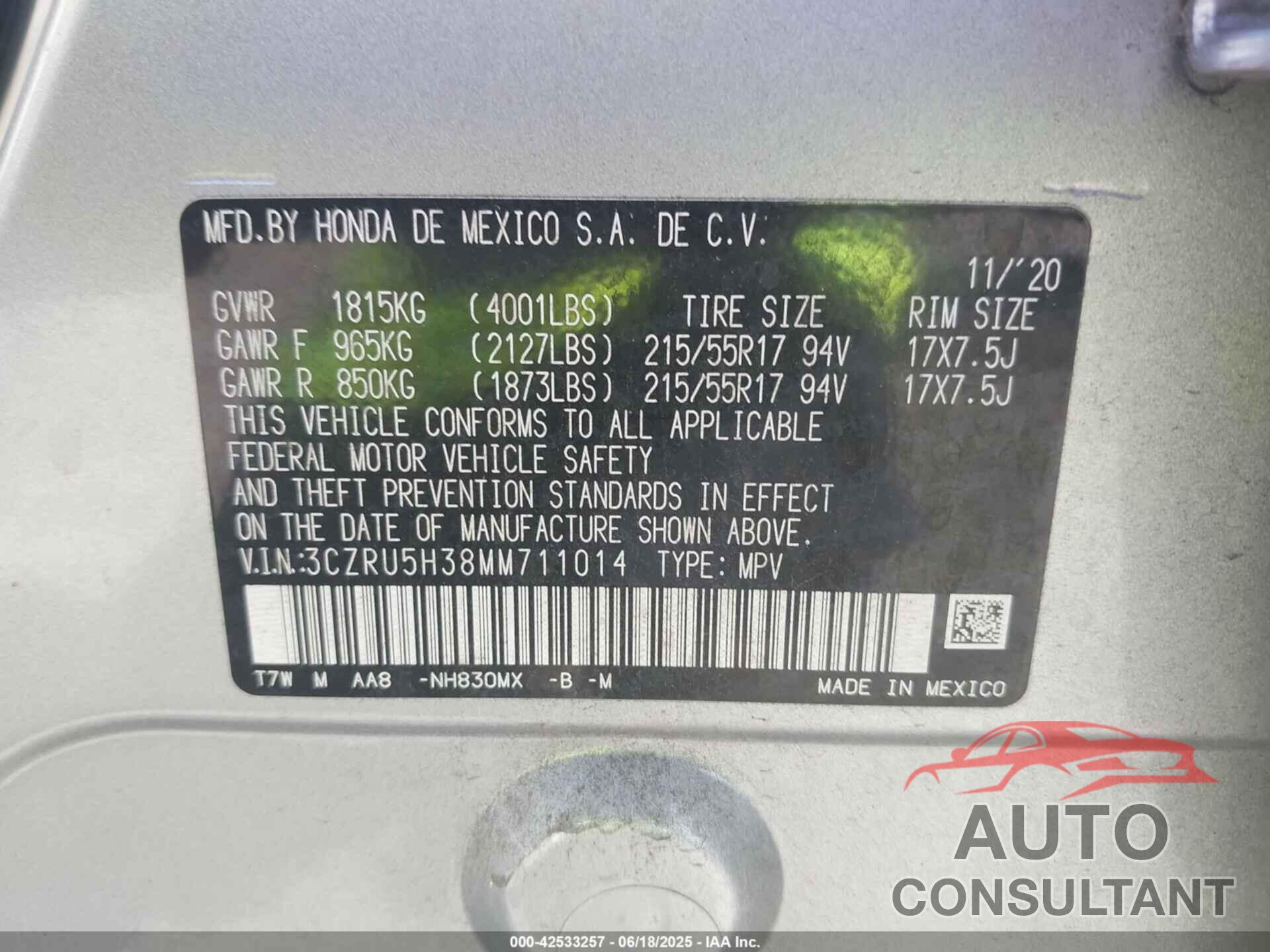 HONDA HR-V 2021 - 3CZRU5H38MM711014