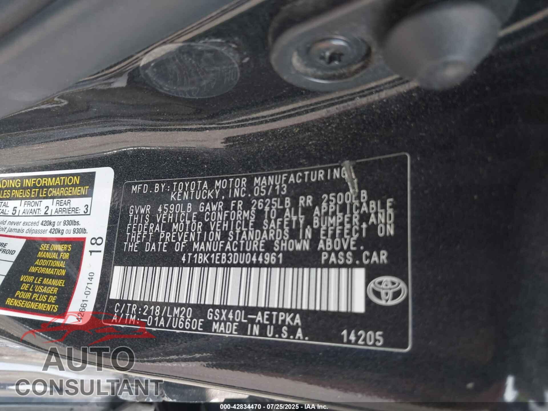 TOYOTA AVALON 2013 - 4T1BK1EB3DU044961