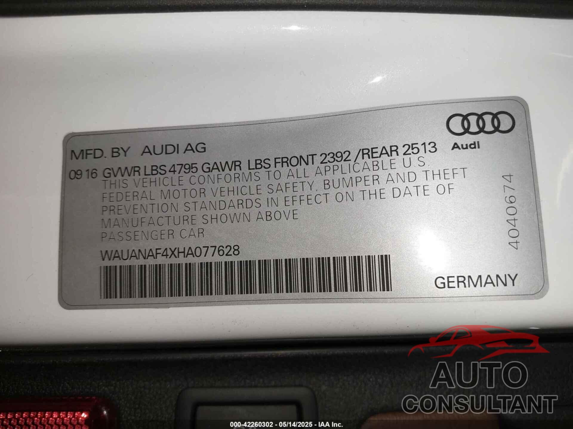 AUDI A4 2017 - WAUANAF4XHA077628