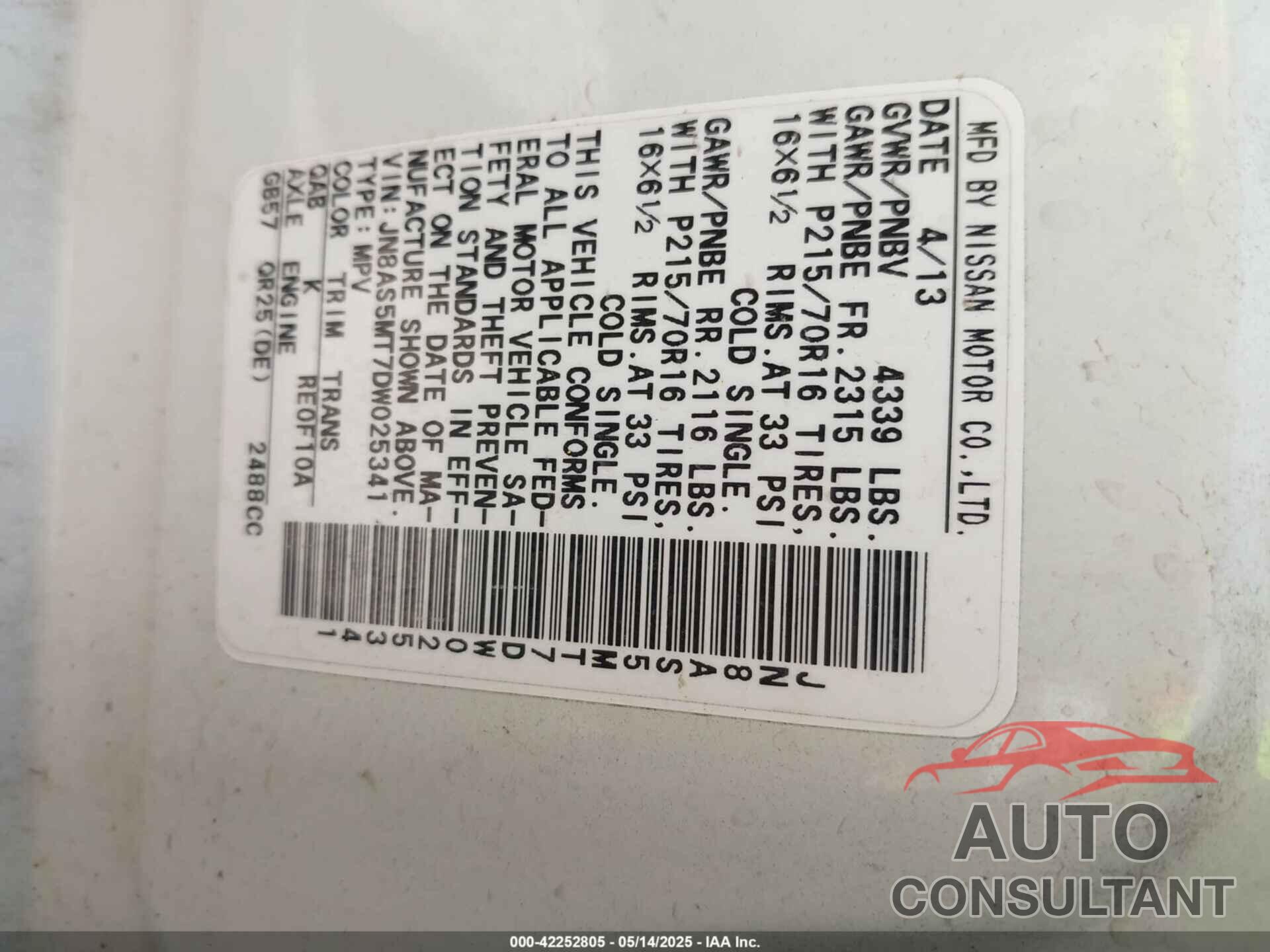 NISSAN ROGUE 2013 - JN8AS5MT7DW025341