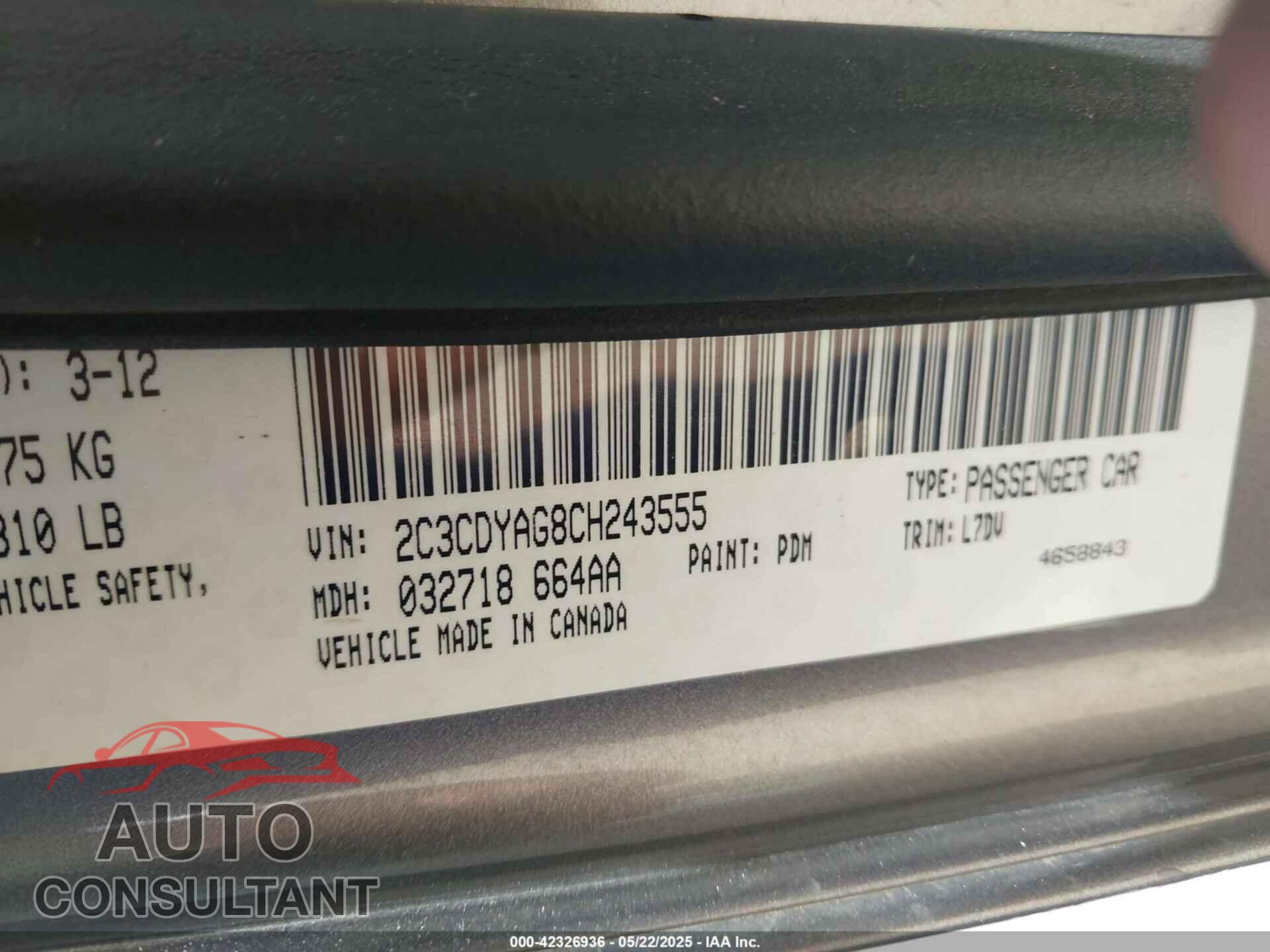 DODGE CHALLENGER 2012 - 2C3CDYAG8CH243555
