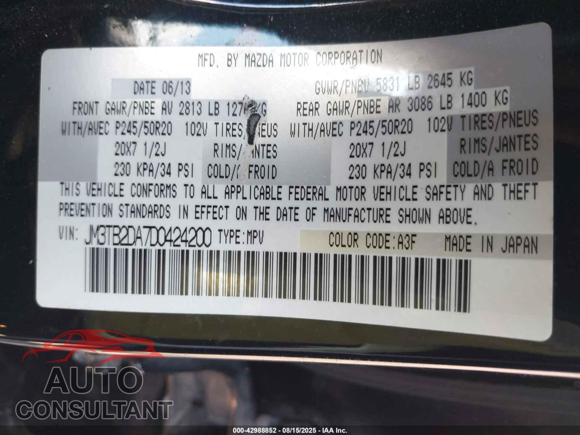 MAZDA CX-9 2013 - JM3TB2DA7D0424200