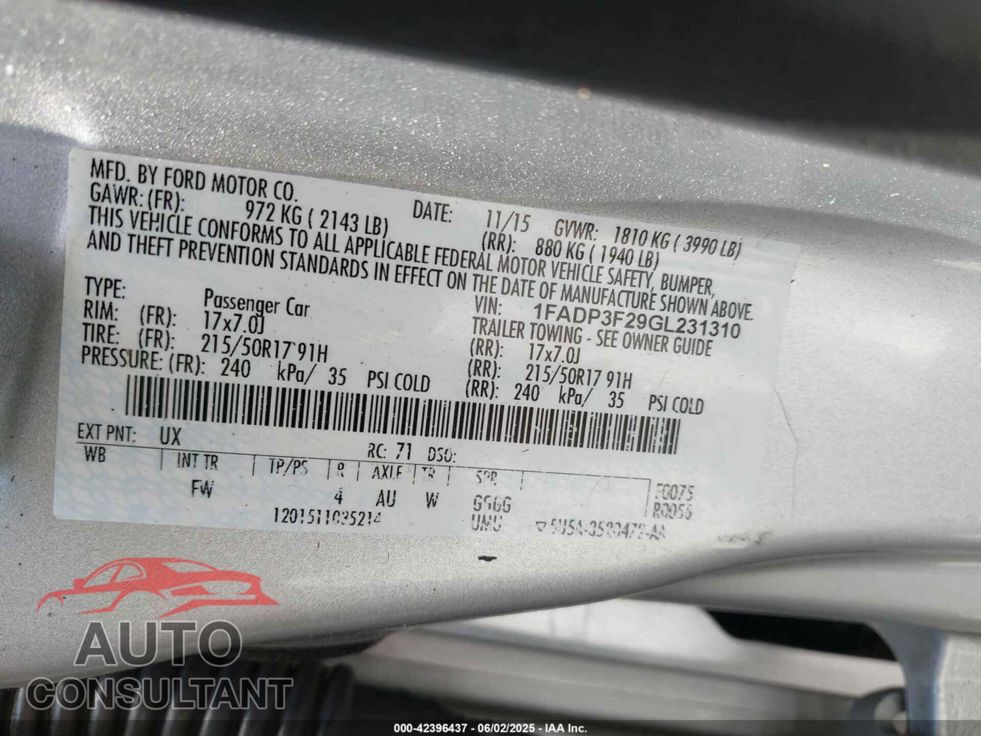 FORD FOCUS 2016 - 1FADP3F29GL231310