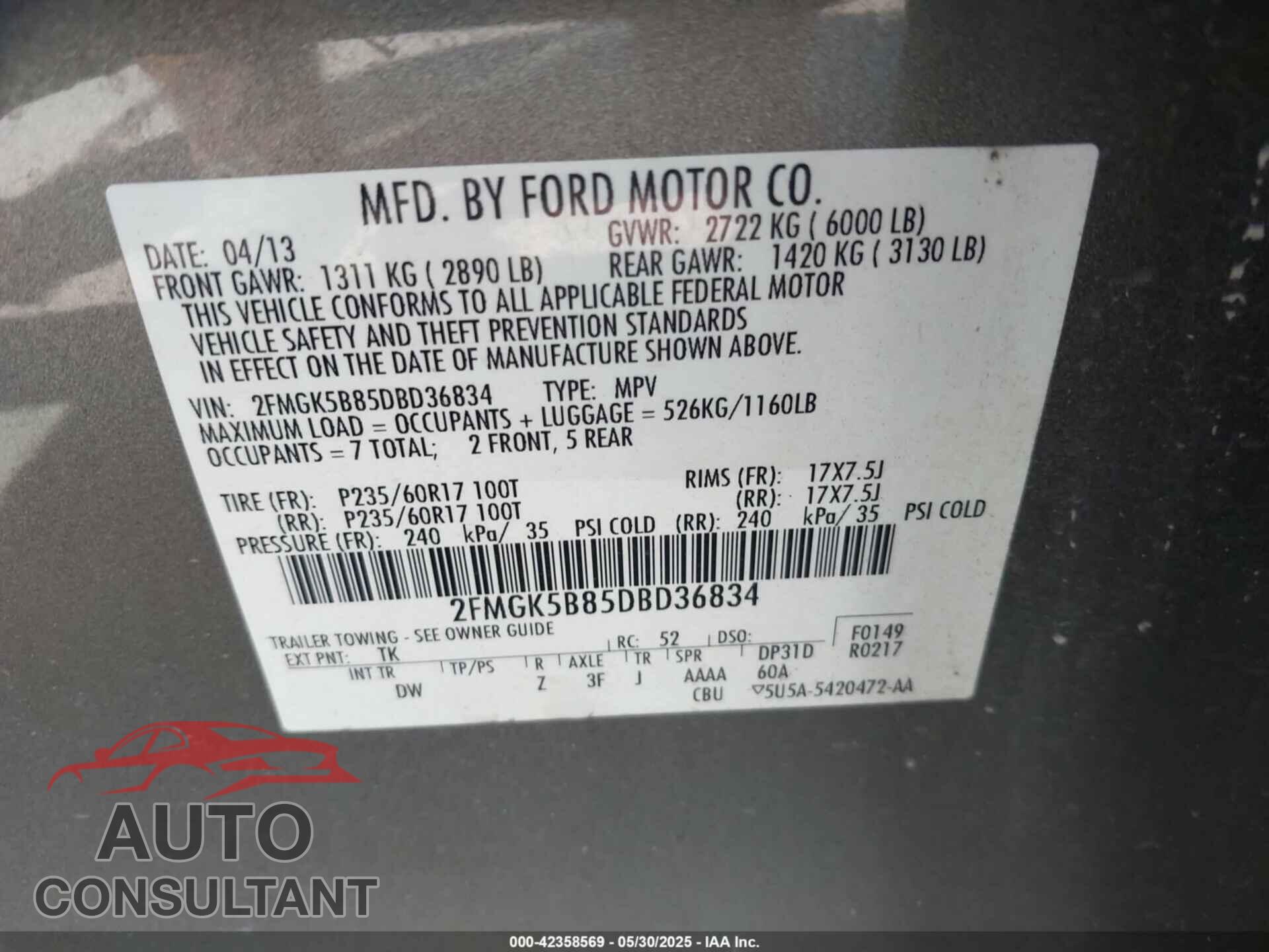FORD FLEX 2013 - 2FMGK5B85DBD36834