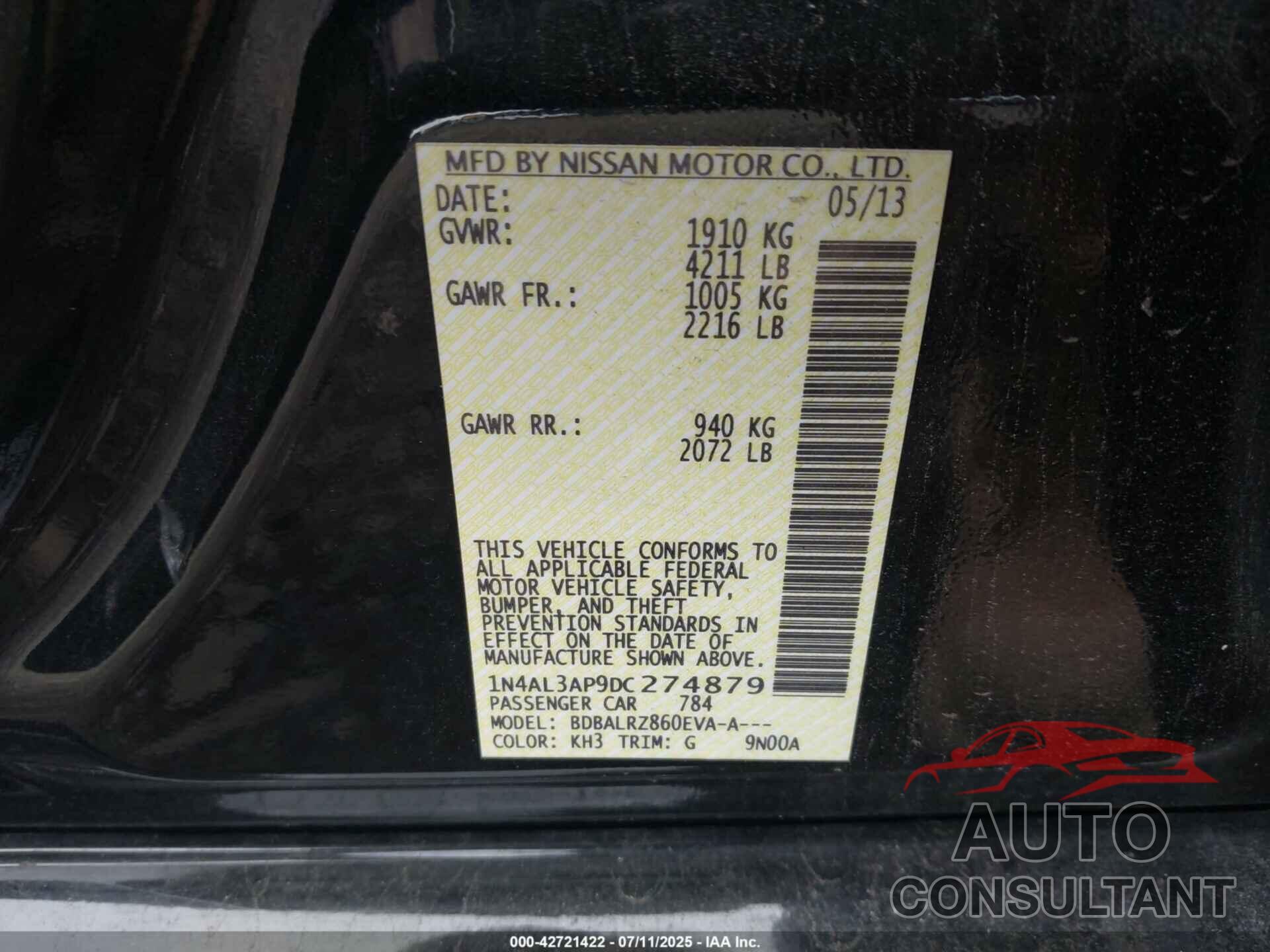 NISSAN ALTIMA 2013 - 1N4AL3AP9DC274879