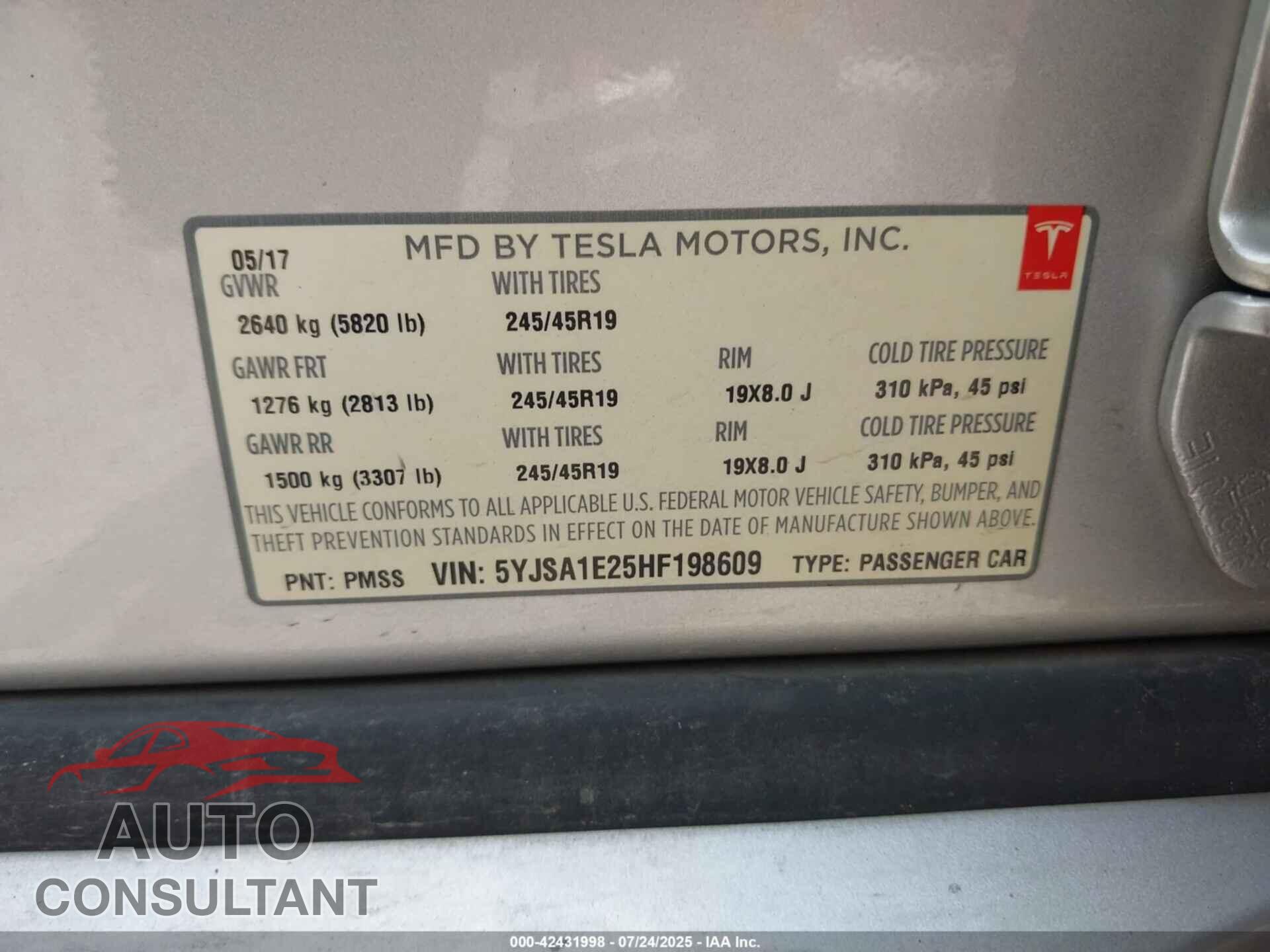 TESLA MODEL S 2017 - 5YJSA1E25HF198609