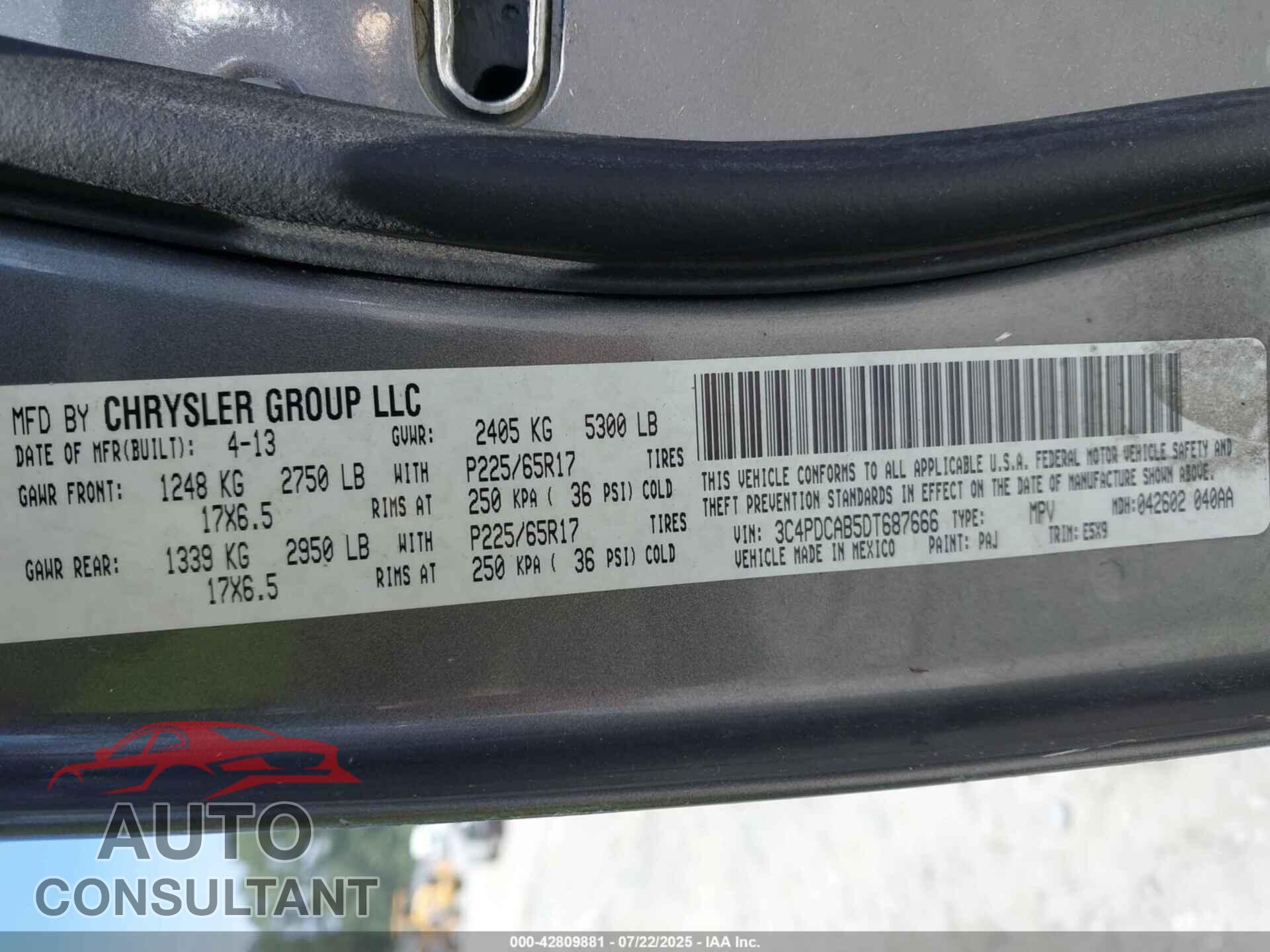 DODGE JOURNEY 2013 - 3C4PDCAB5DT687666
