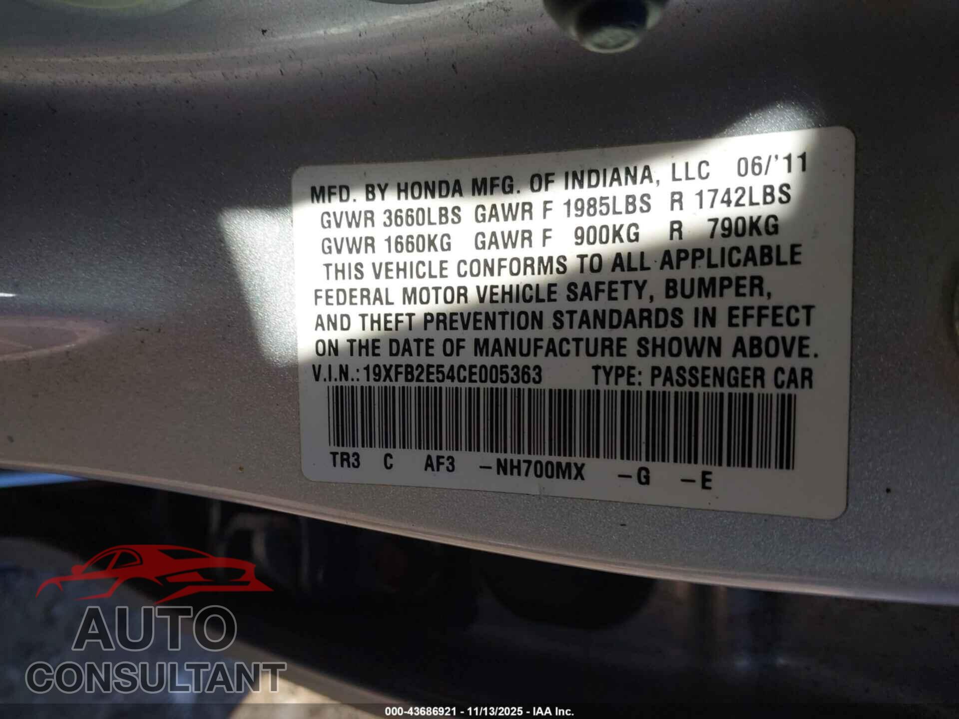 HONDA CIVIC 2012 - 19XFB2E54CE005363