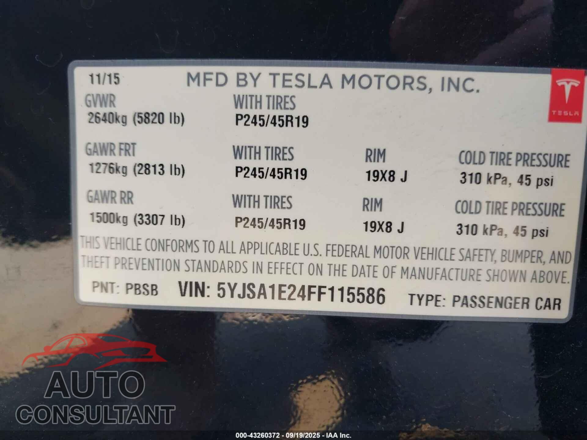 TESLA MODEL S 2015 - 5YJSA1E24FF115586