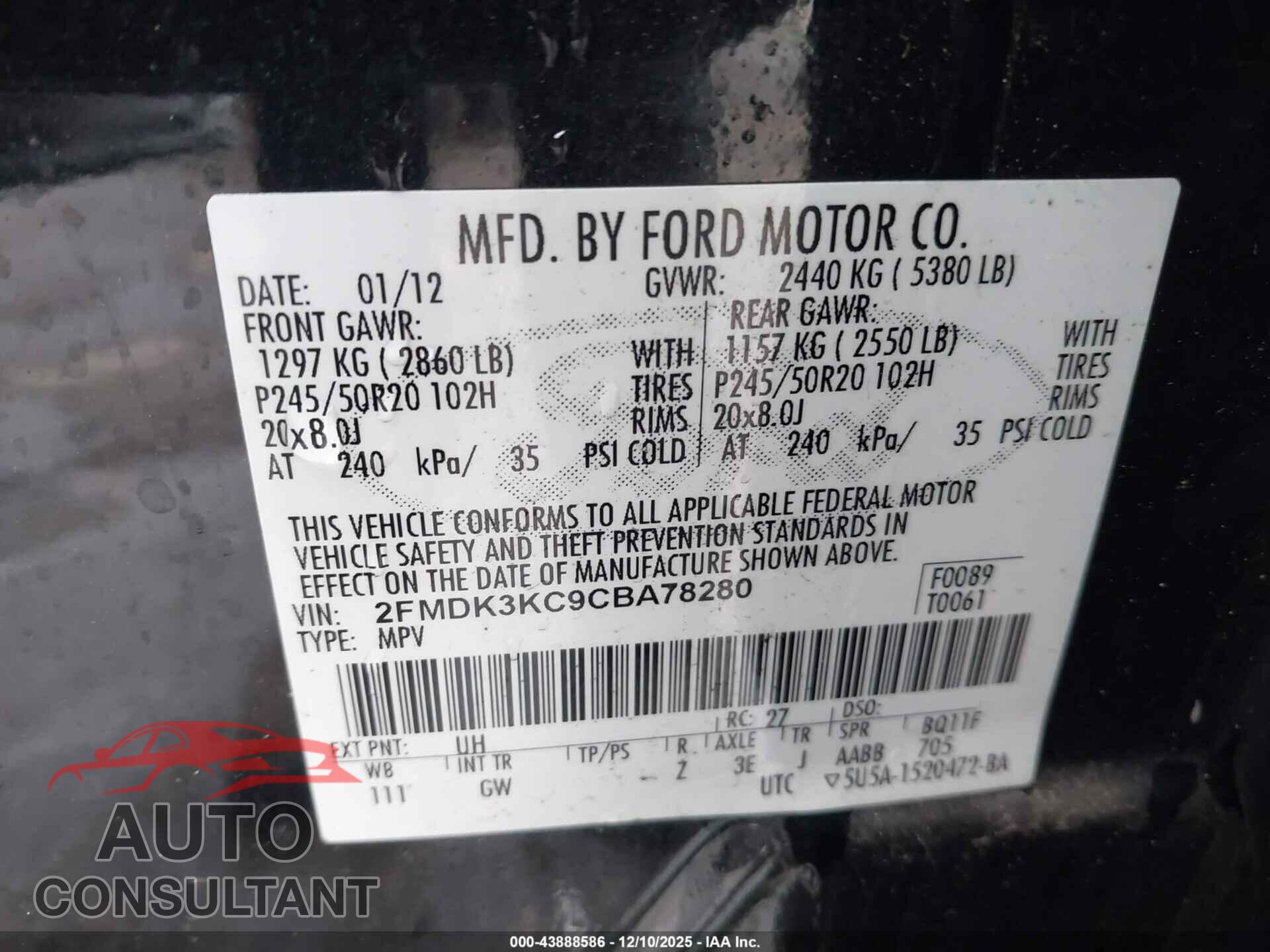 FORD EDGE 2012 - 2FMDK3KC9CBA78280