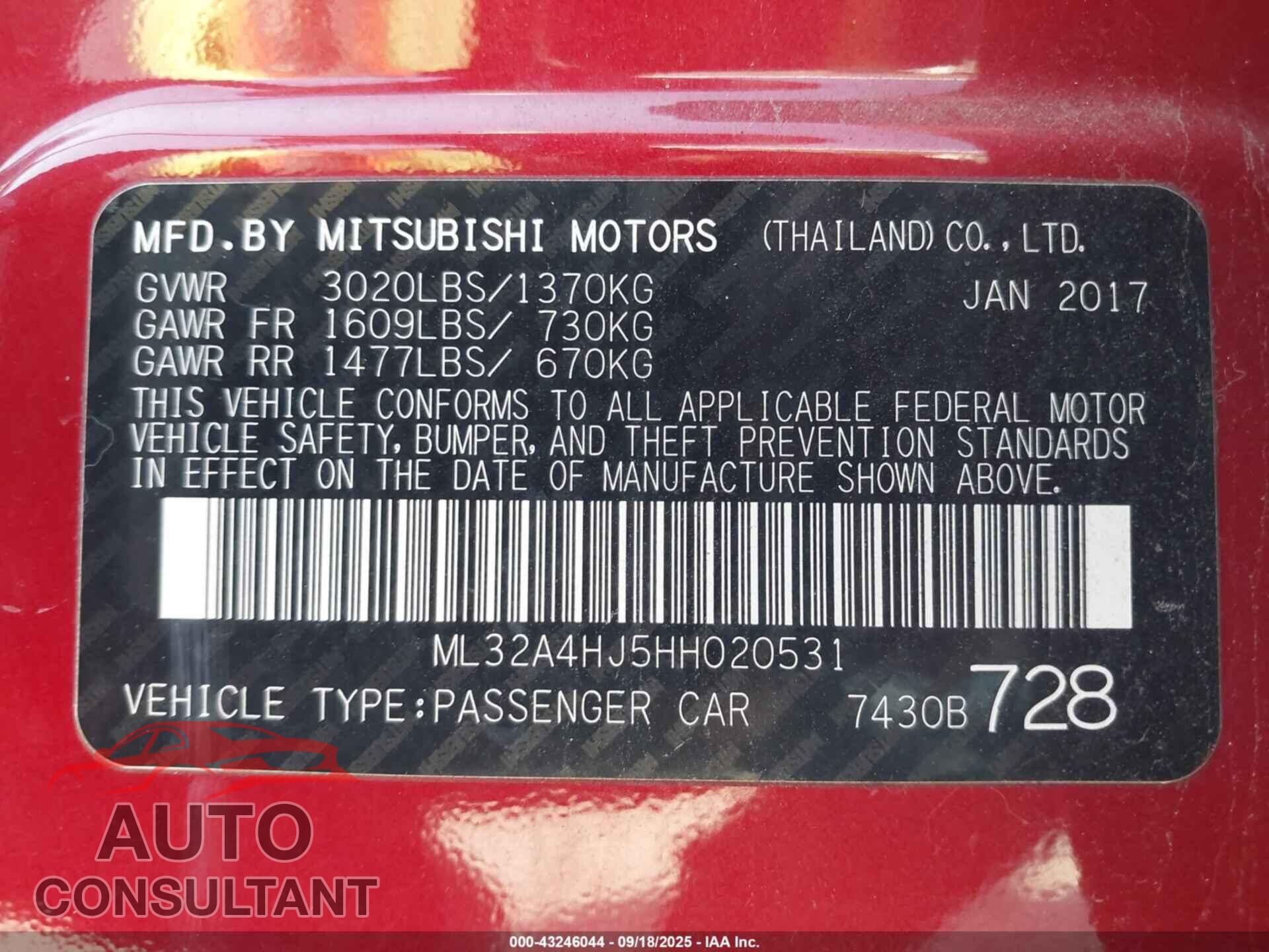 MITSUBISHI MIRAGE 2017 - ML32A4HJ5HH020531