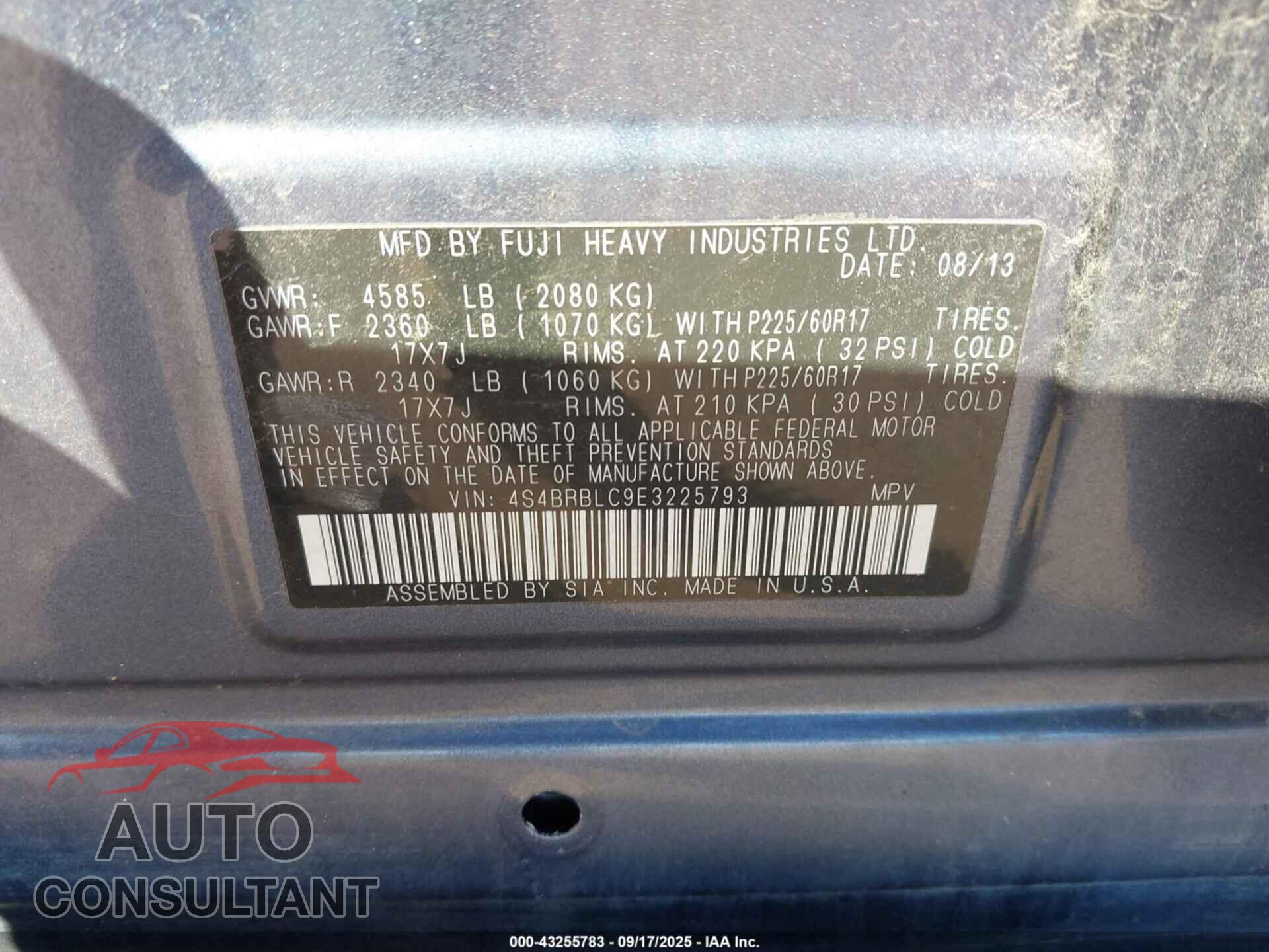 SUBARU OUTBACK 2014 - 4S4BRBLC9E3225793
