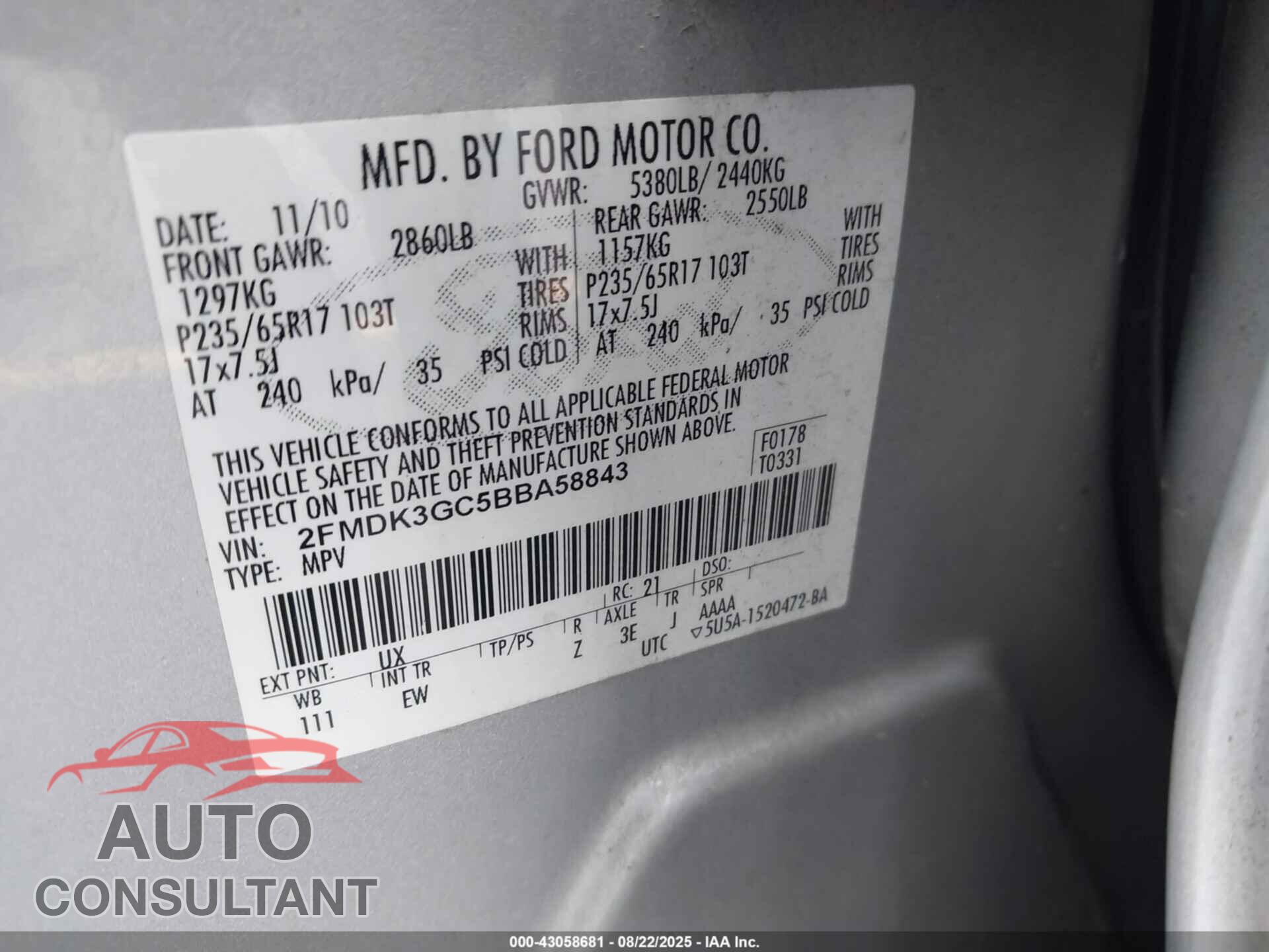 FORD EDGE 2011 - 2FMDK3GC5BBA58843
