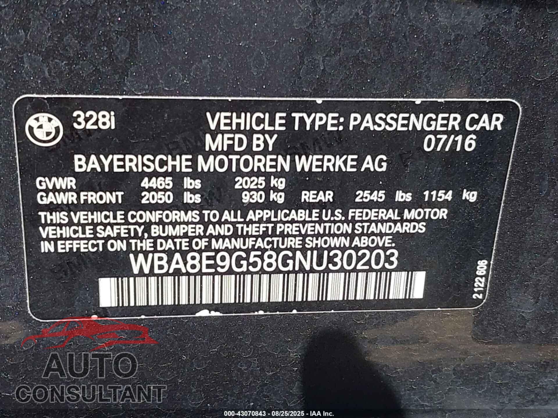 BMW 328I 2016 - WBA8E9G58GNU30203