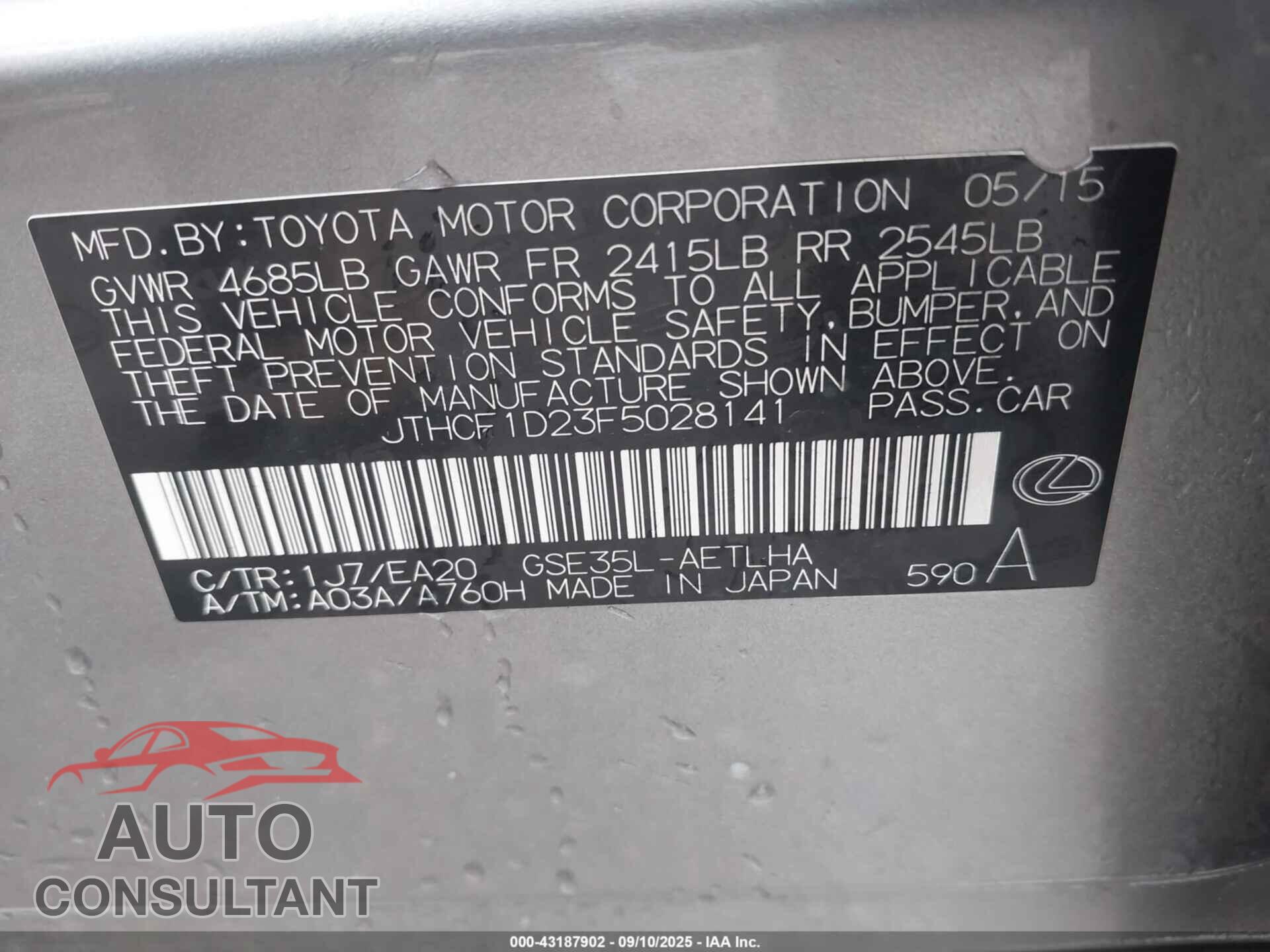 LEXUS IS 250 2015 - JTHCF1D23F5028141