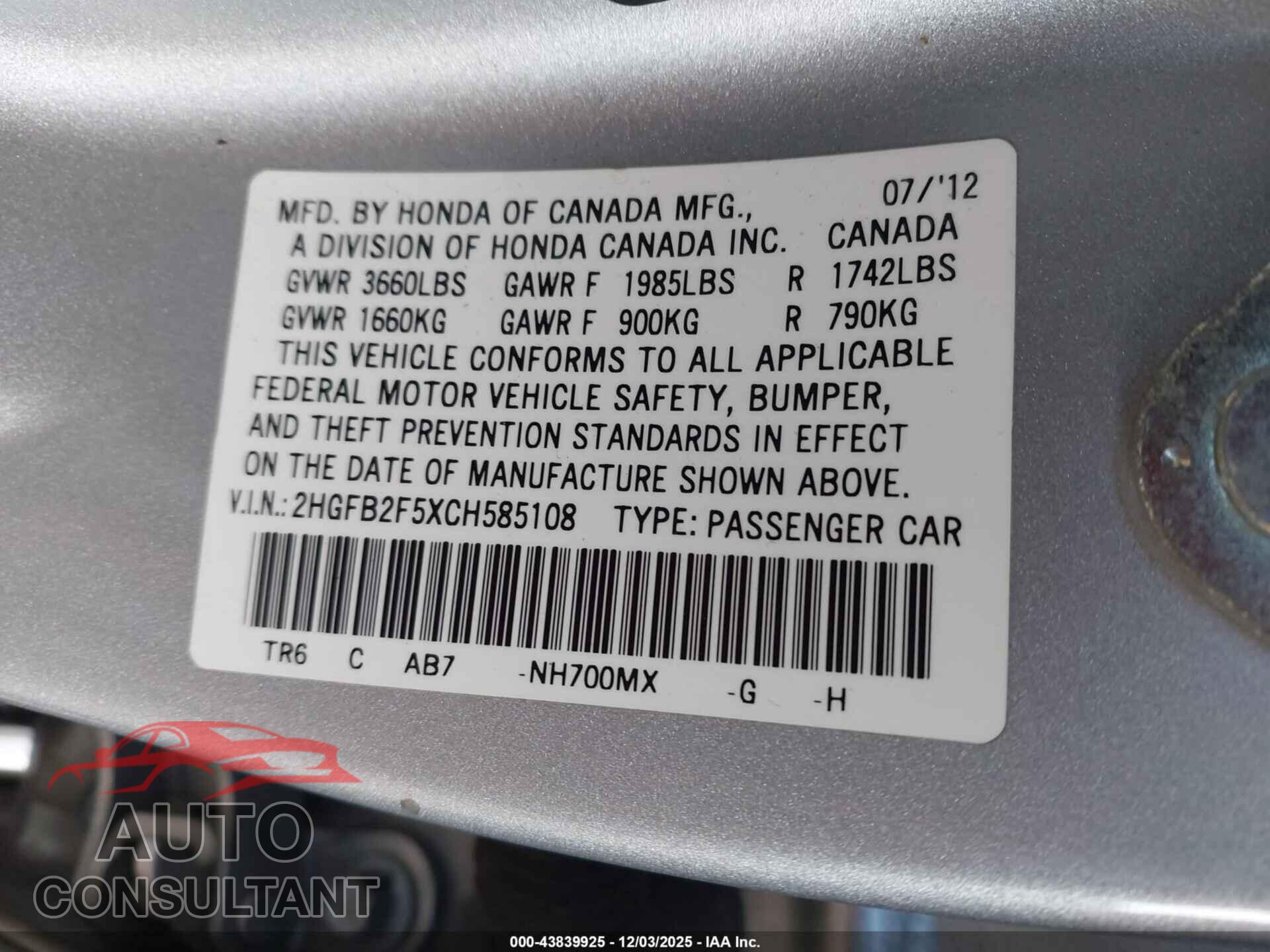 HONDA CIVIC 2012 - 2HGFB2F5XCH585108