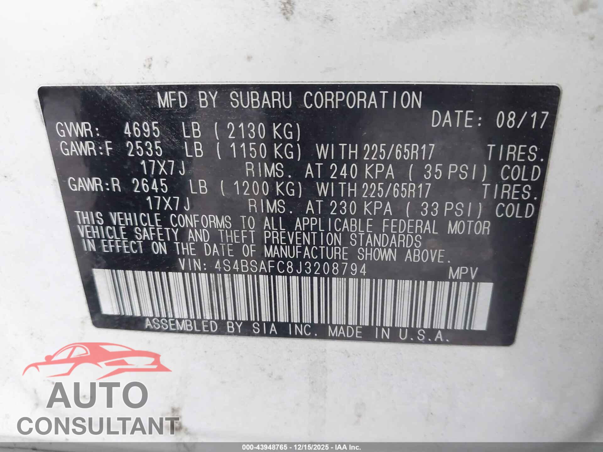 SUBARU OUTBACK 2018 - 4S4BSAFC8J3208794