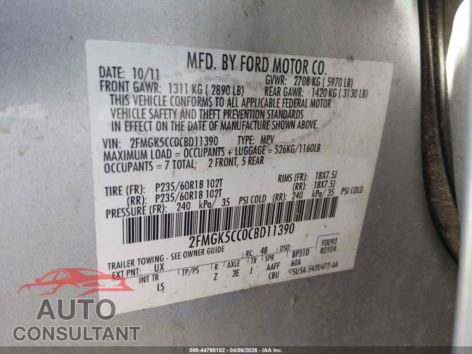 FORD FLEX 2012 - 2FMGK5CC0CBD11390