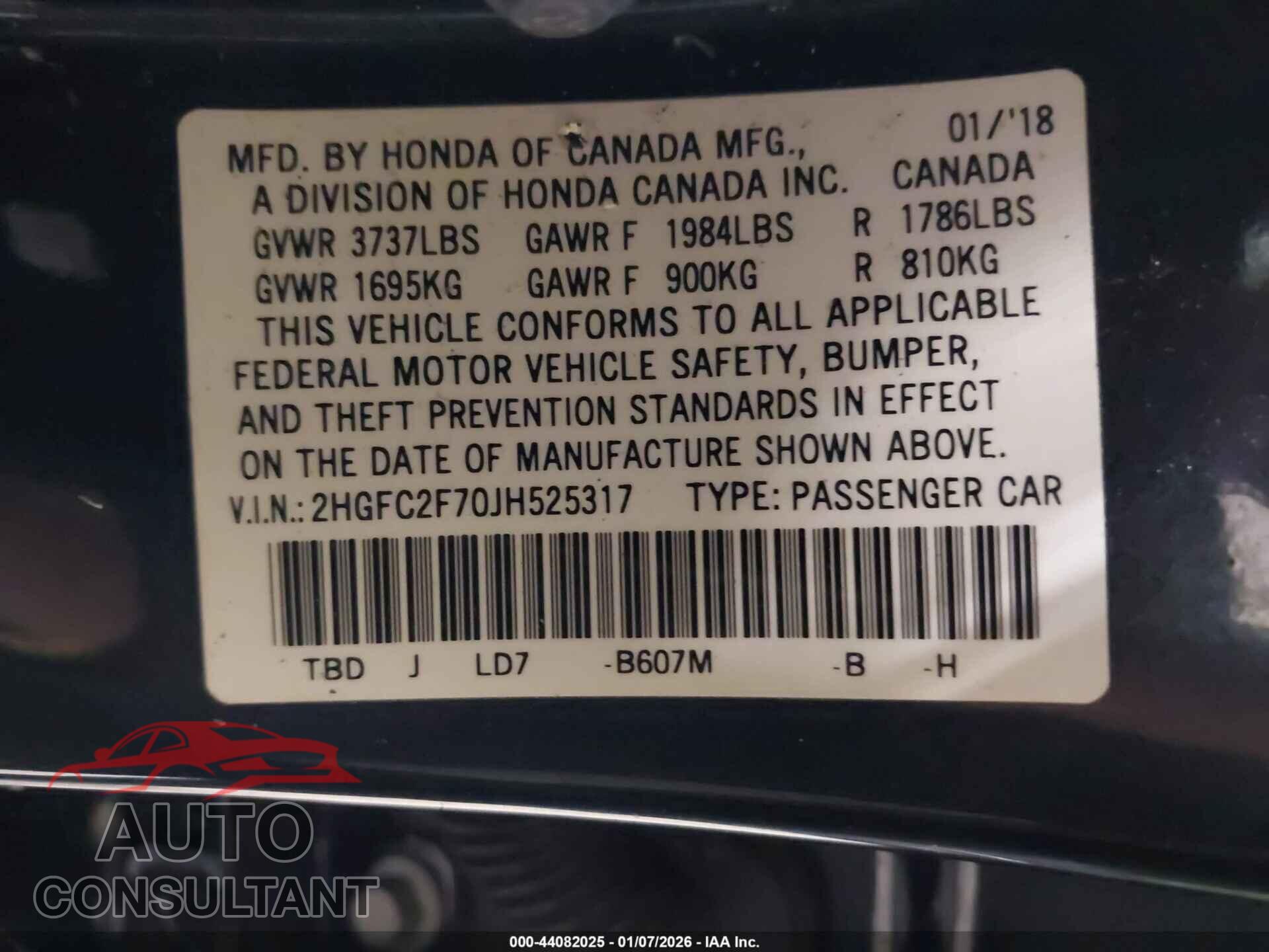 HONDA CIVIC 2018 - 2HGFC2F70JH525317
