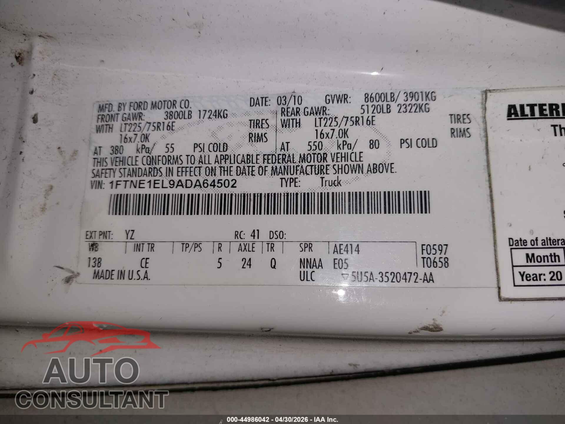 FORD E-150 2010 - 1FTNE1EL9ADA64502