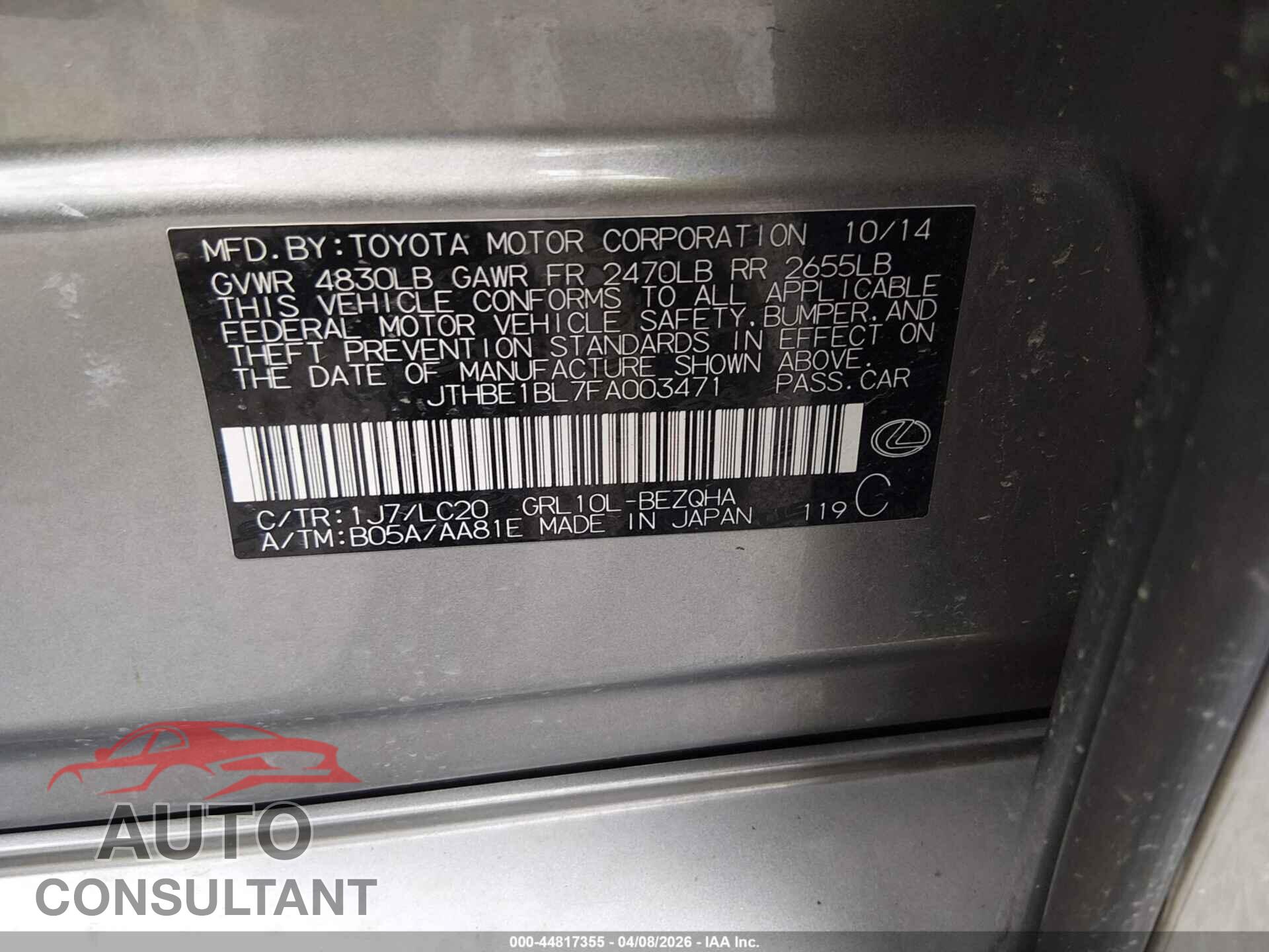 LEXUS GS 350 2015 - JTHBE1BL7FA003471