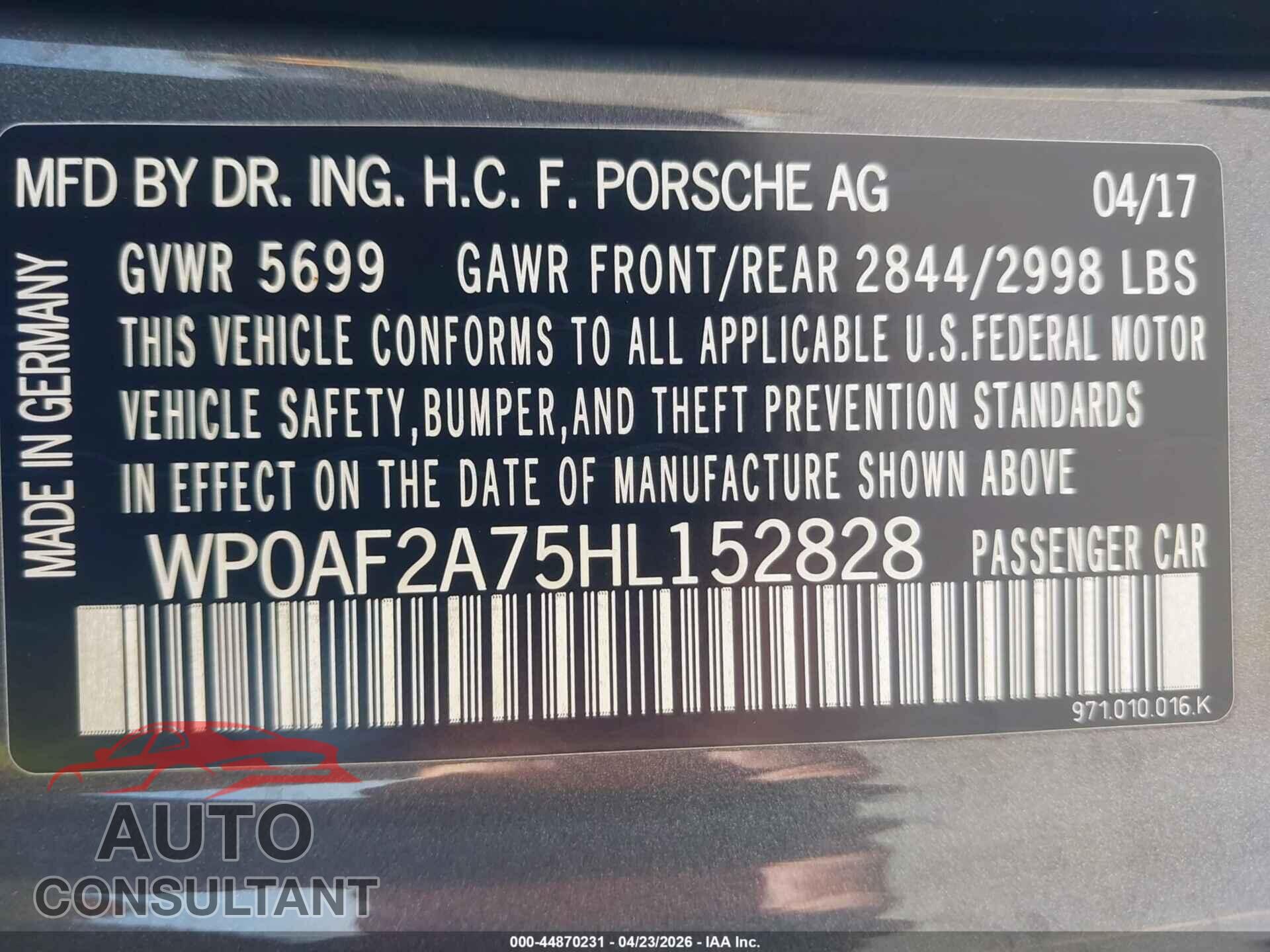 PORSCHE PANAMERA 2017 - WP0AF2A75HL152828