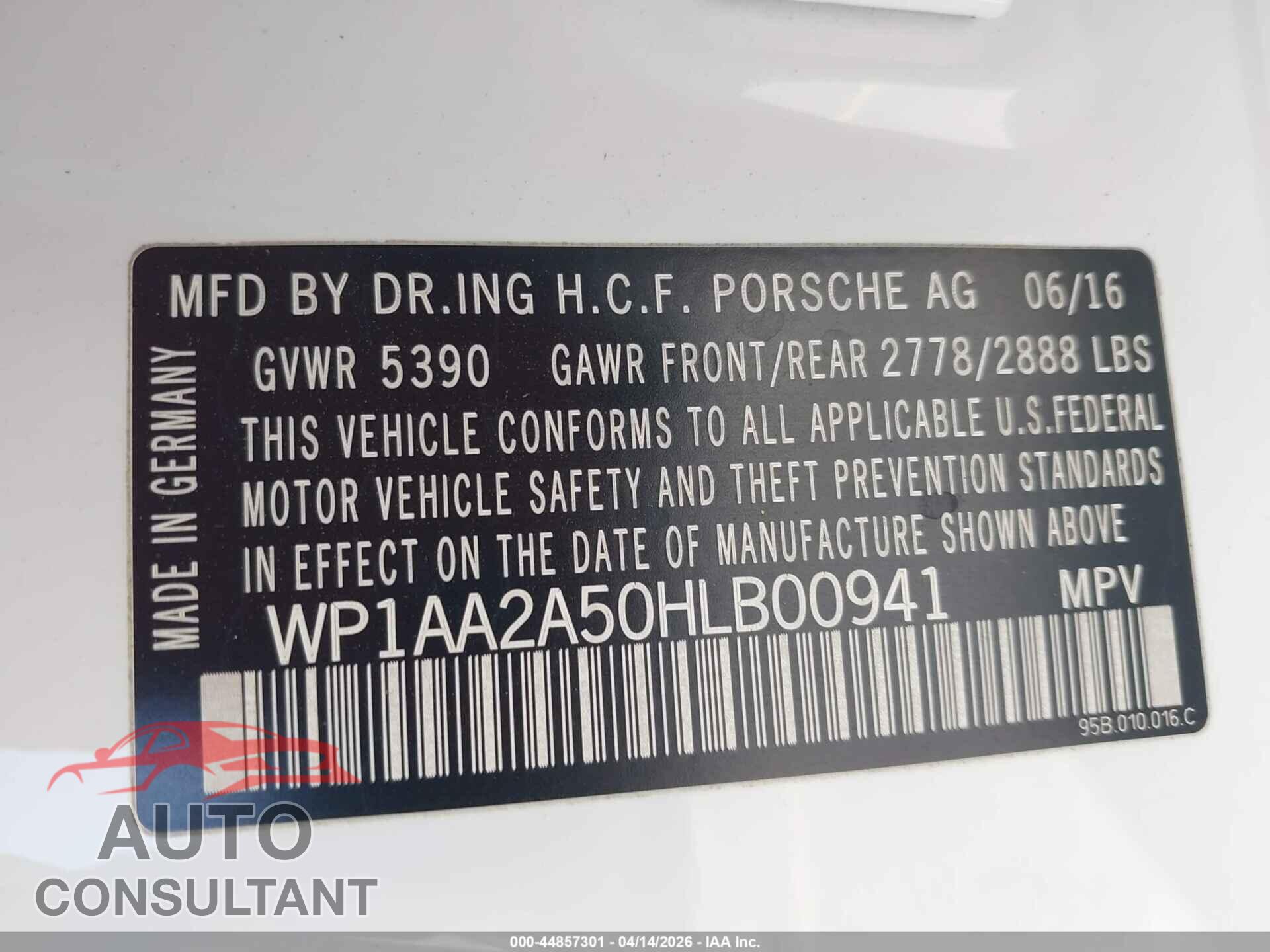 PORSCHE MACAN 2017 - WP1AA2A50HLB00941