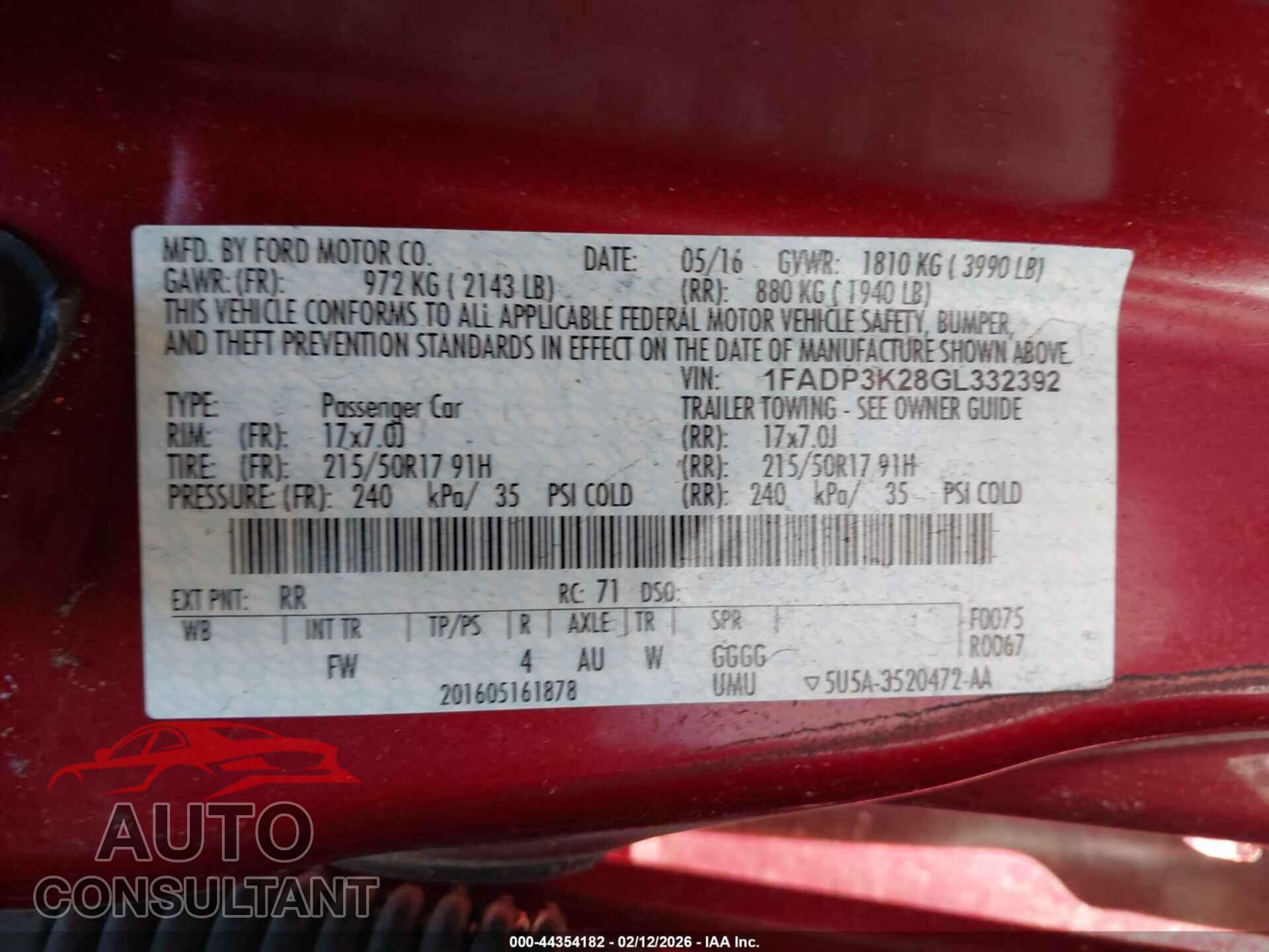 FORD FOCUS 2016 - 1FADP3K28GL332392