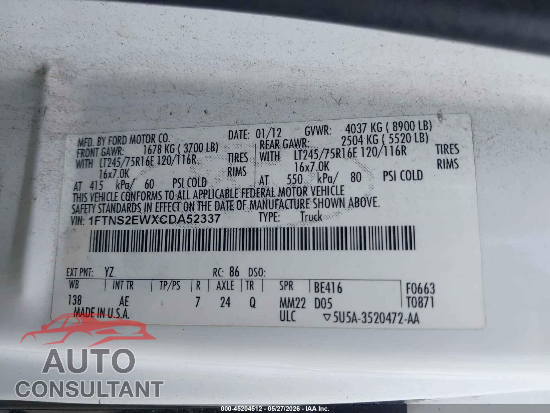 FORD E-250 2012 - 1FTNS2EWXCDA52337