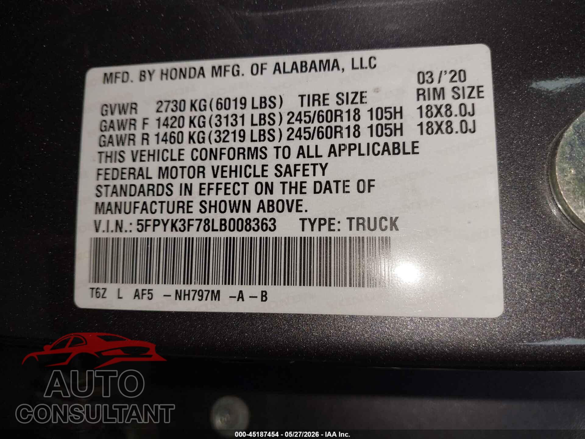 HONDA RIDGELINE 2020 - 5FPYK3F78LB008363
