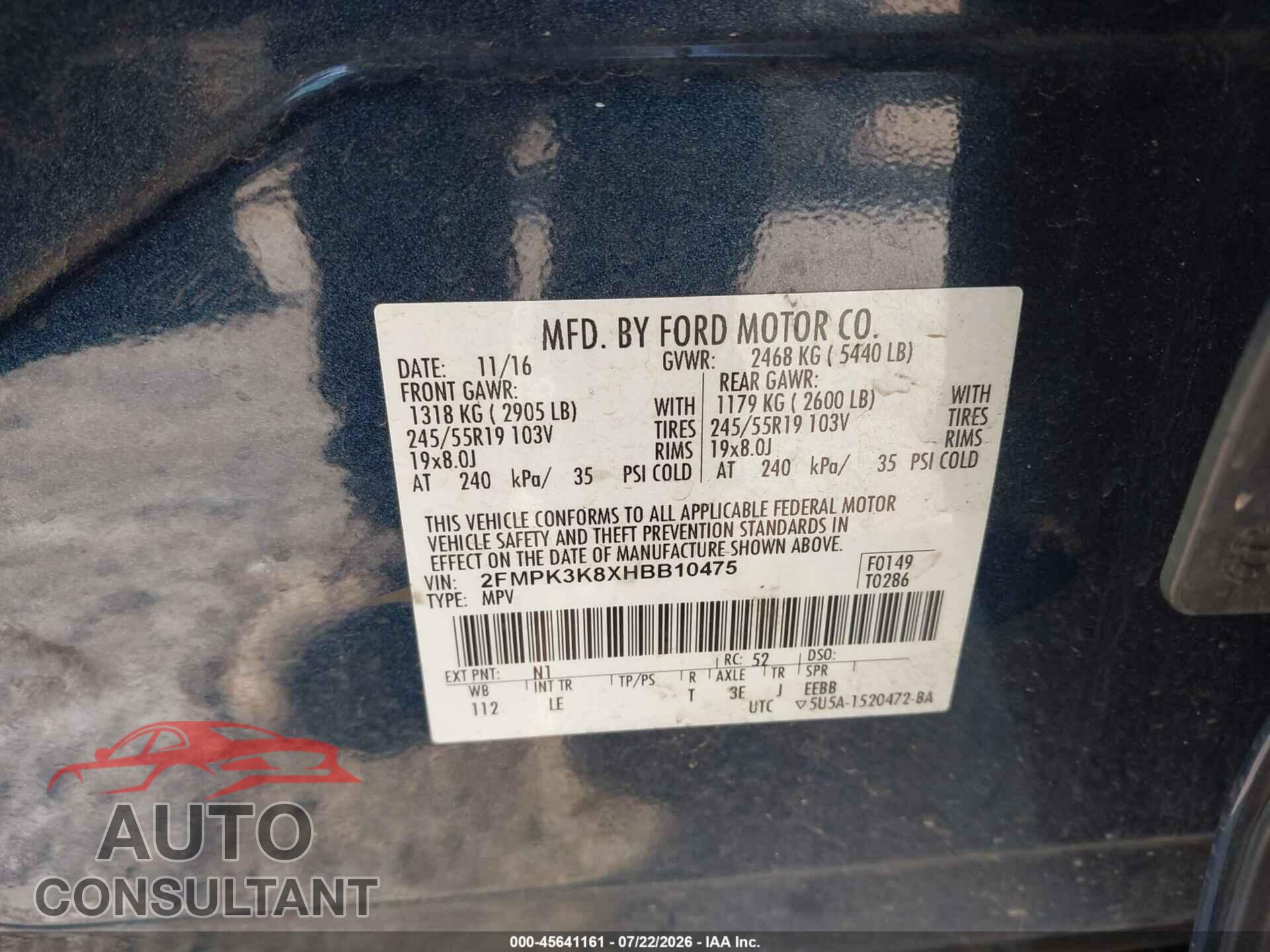 FORD EDGE 2017 - 2FMPK3K8XHBB10475