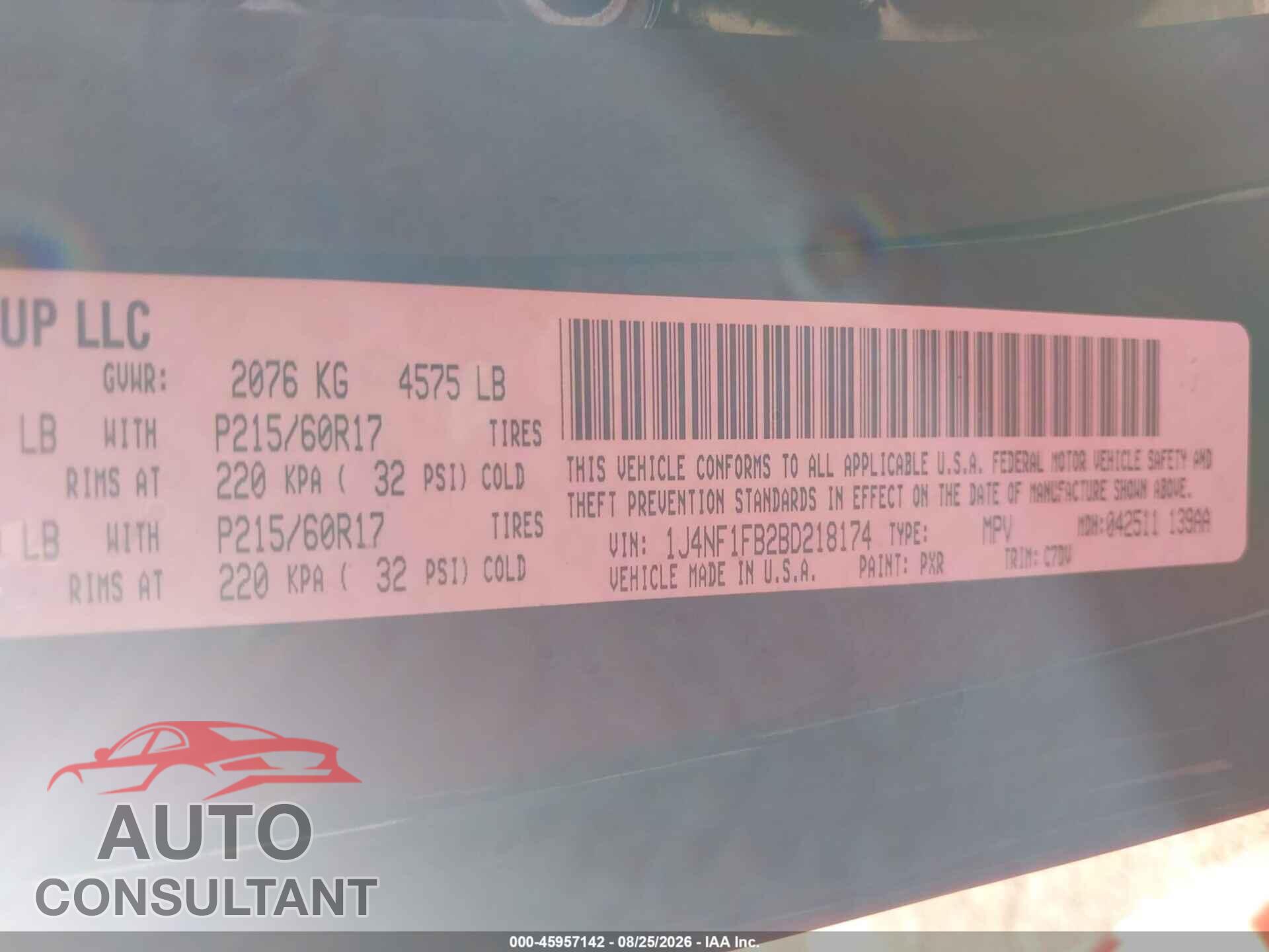 JEEP COMPASS 2011 - 1J4NF1FB2BD218174