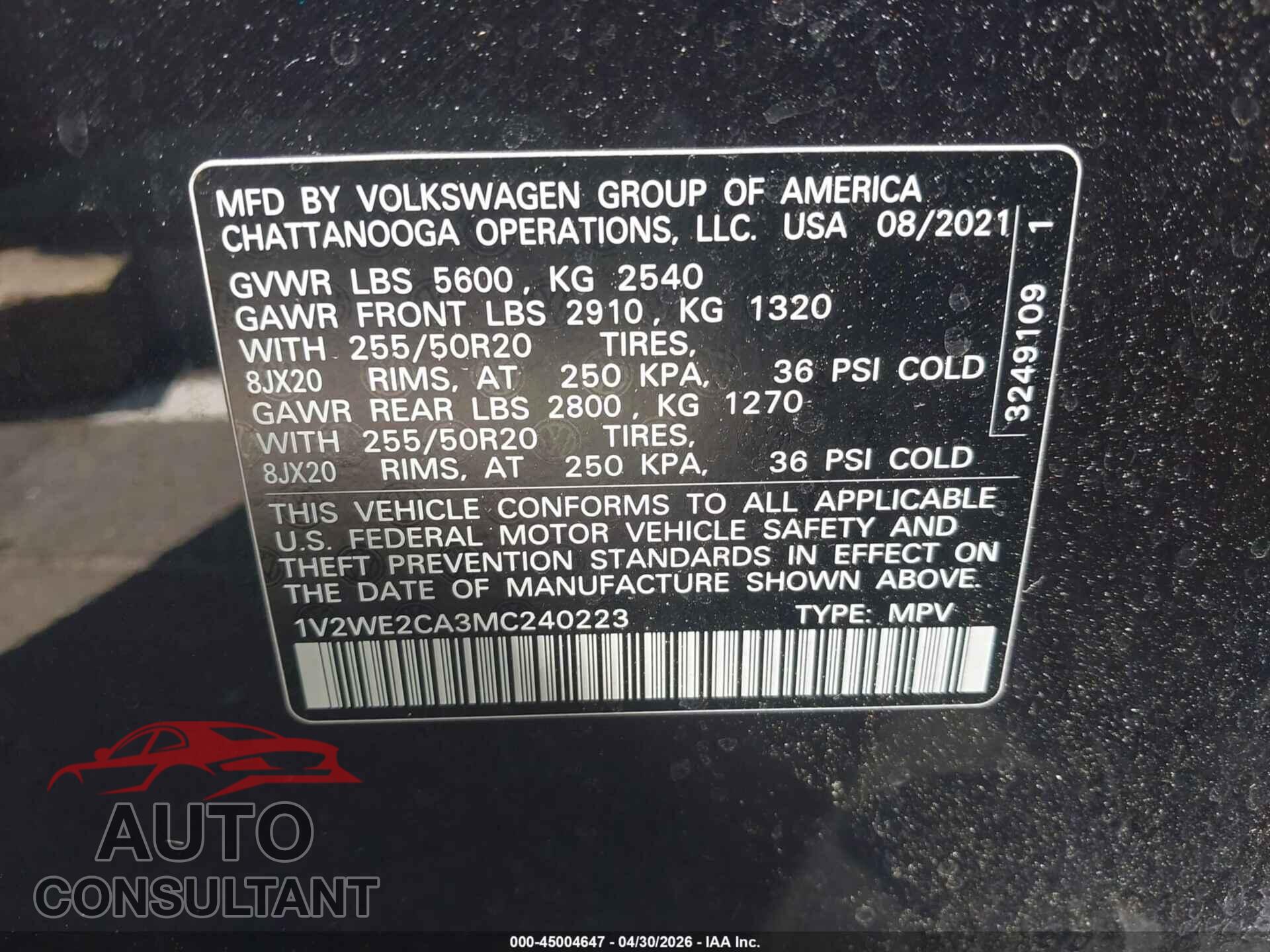 VOLKSWAGEN ATLAS CROSS SPORT 2021 - 1V2WE2CA3MC240223