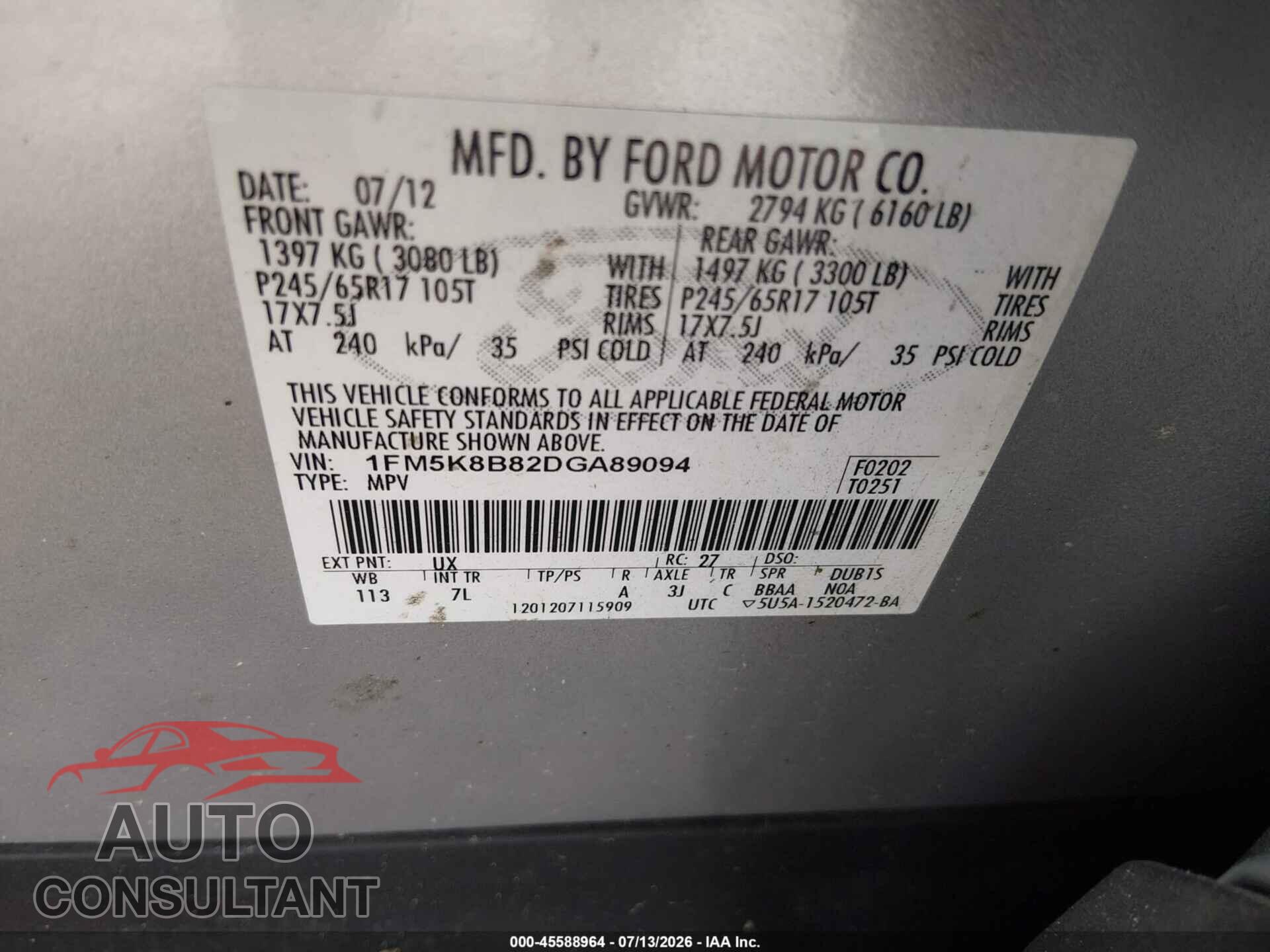 FORD EXPLORER 2013 - 1FM5K8B82DGA89094