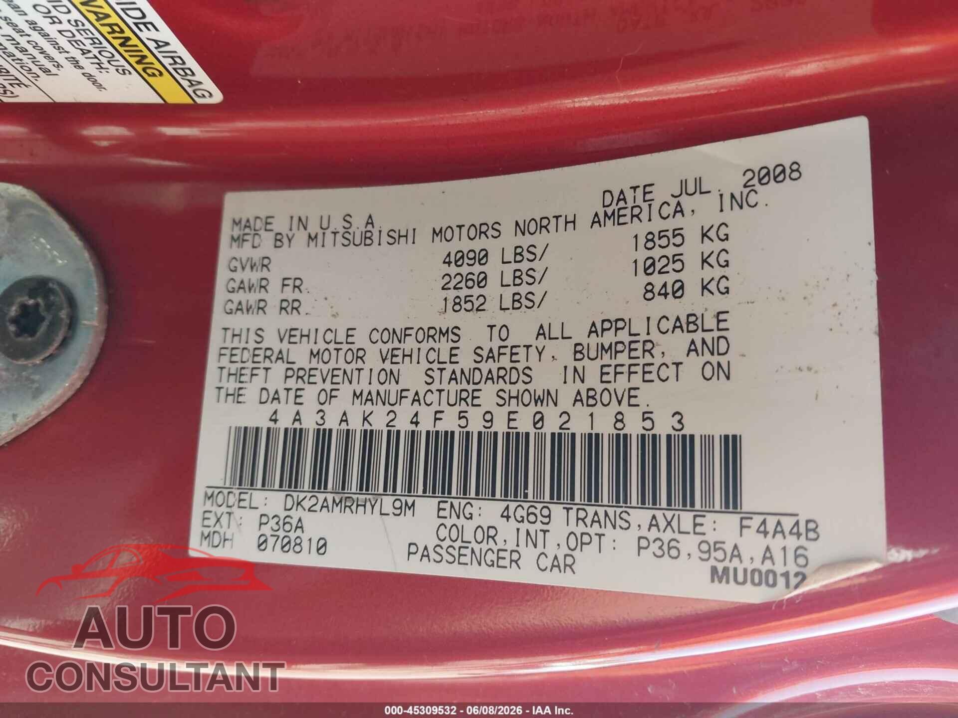 MITSUBISHI ECLIPSE 2009 - 4A3AK24F59E021853